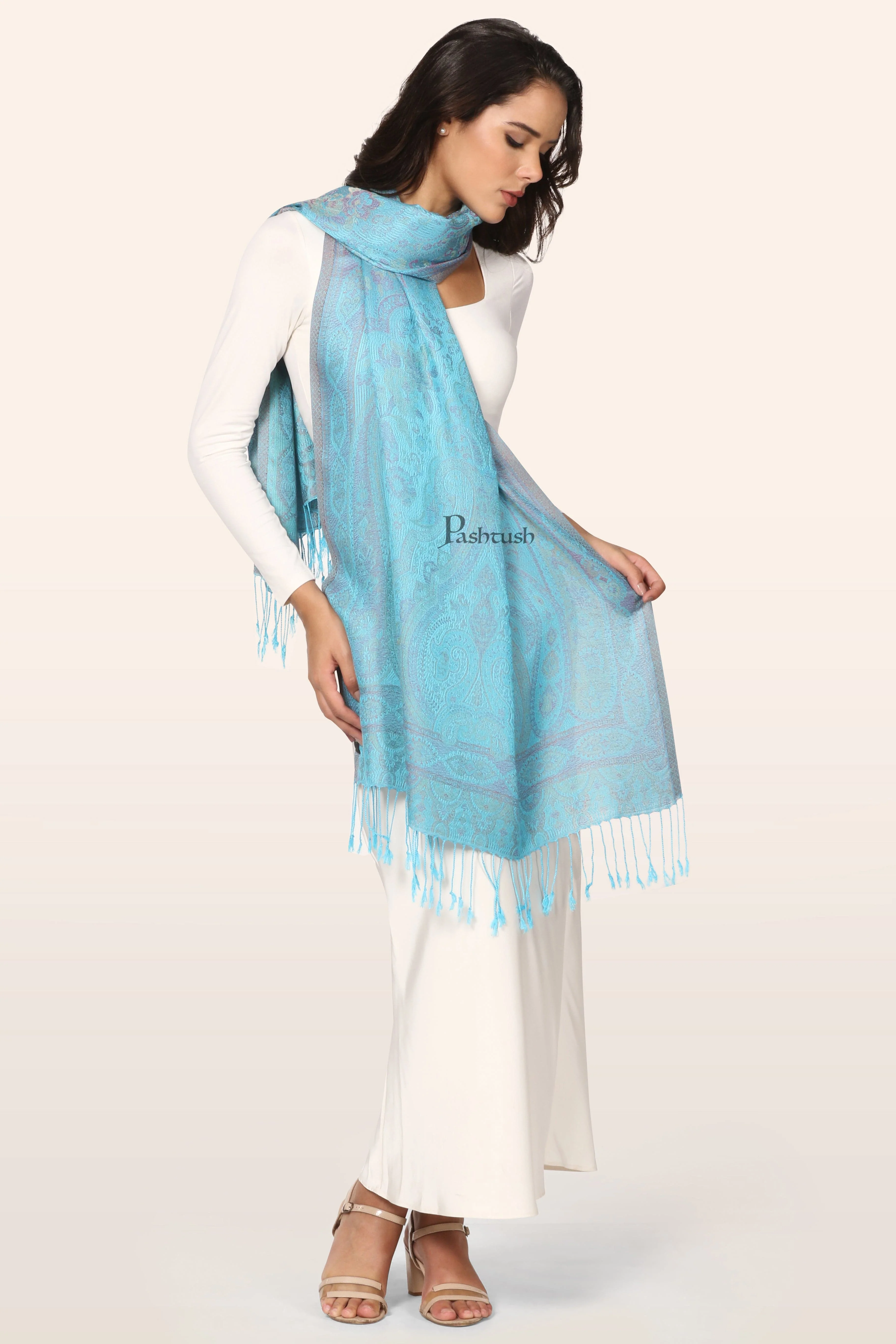 Pashtush Womens Bamboo Stole, Paisley Weave Design, Arabic Sea Blue - Image 4