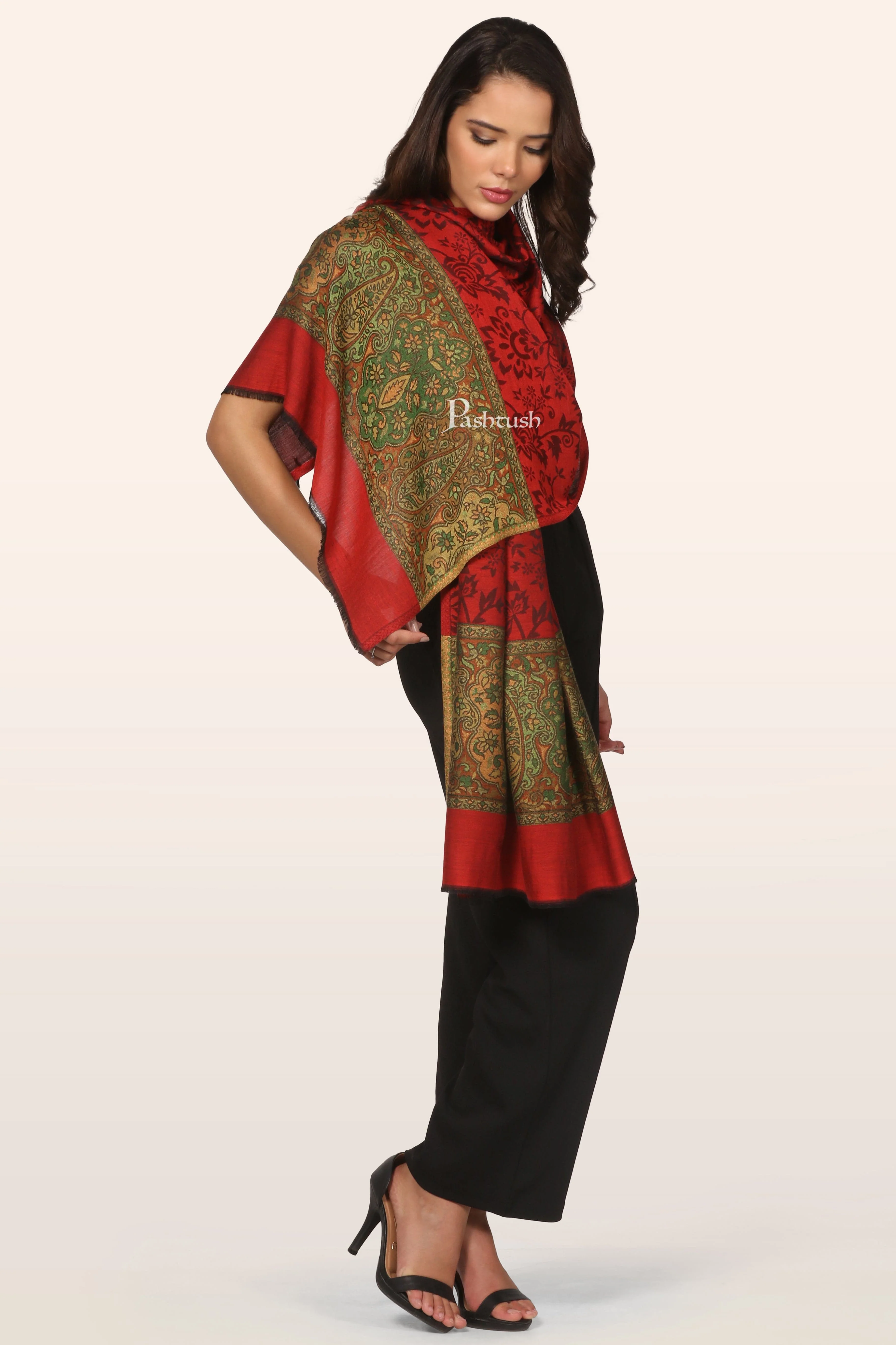 Pashtush Womens Bamboo Stole, Pasiley Palla Design, Red - Image 5