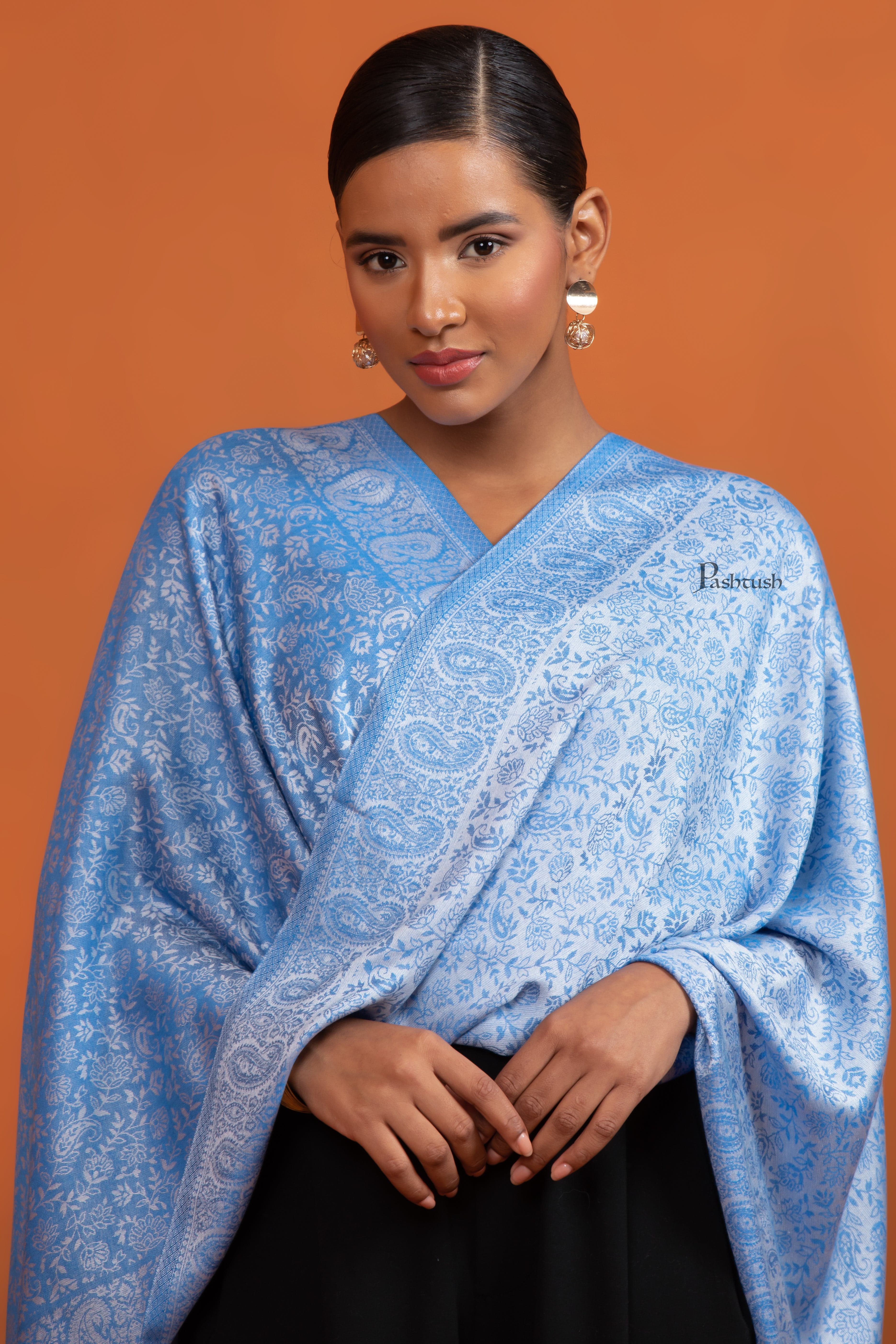 Pashtush Womens Bamboo Stole, Pasiley Weave Design, Arabic Sea Blue - Image 3