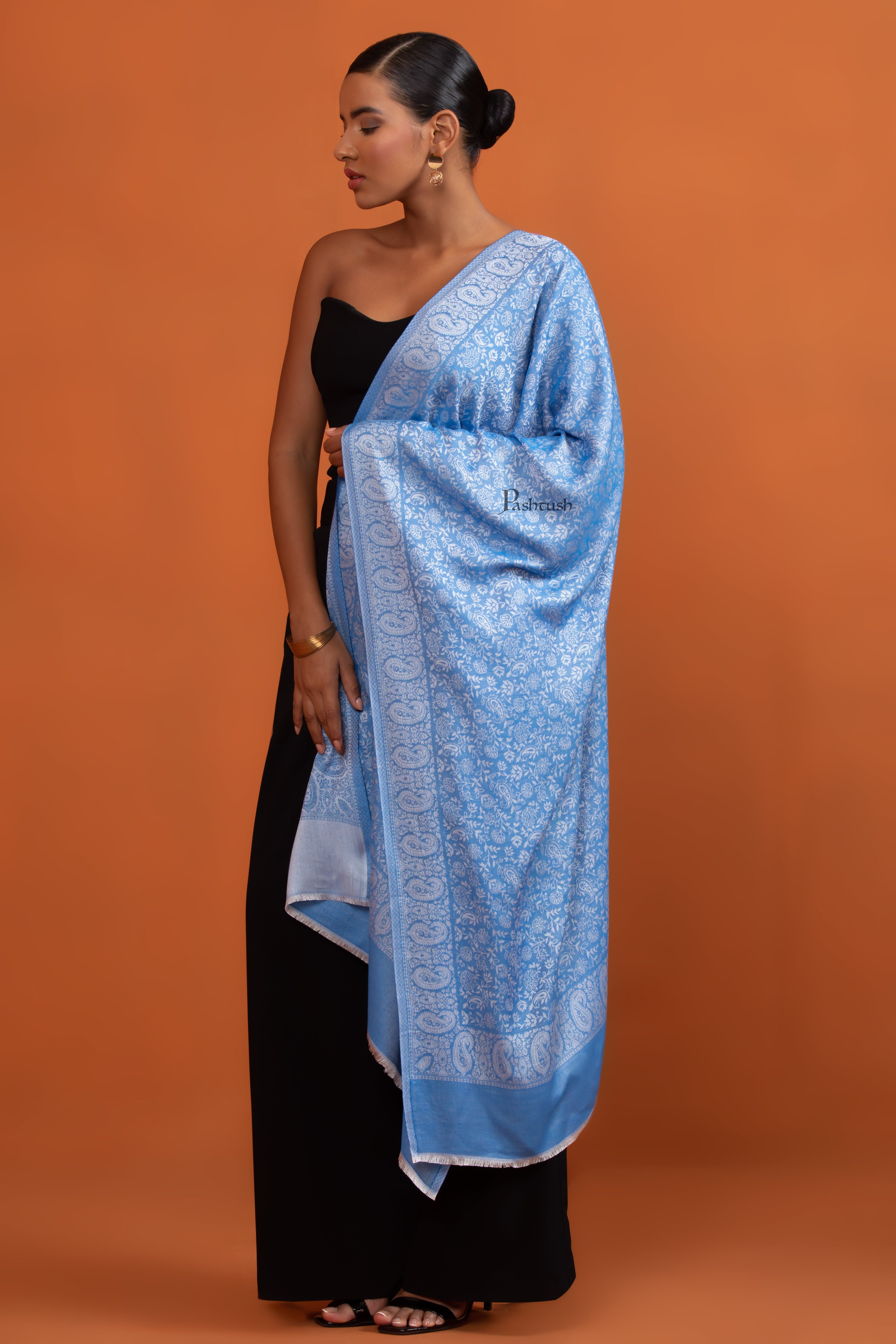 Pashtush Womens Bamboo Stole, Pasiley Weave Design, Arabic Sea Blue - Image 5