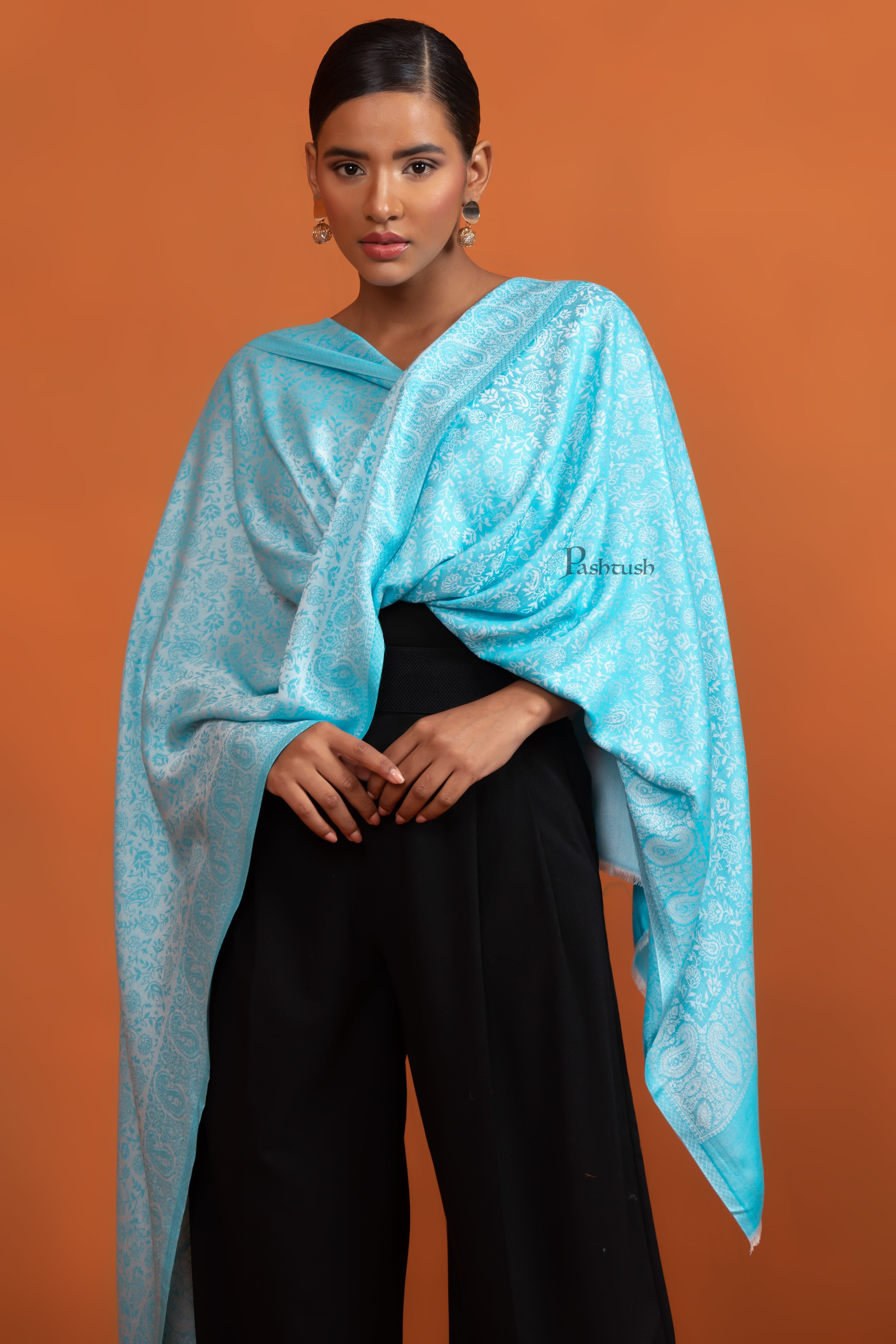 Pashtush Womens Bamboo Stole, Pasiley Weave Design, Arabic Sea Green - Image 6