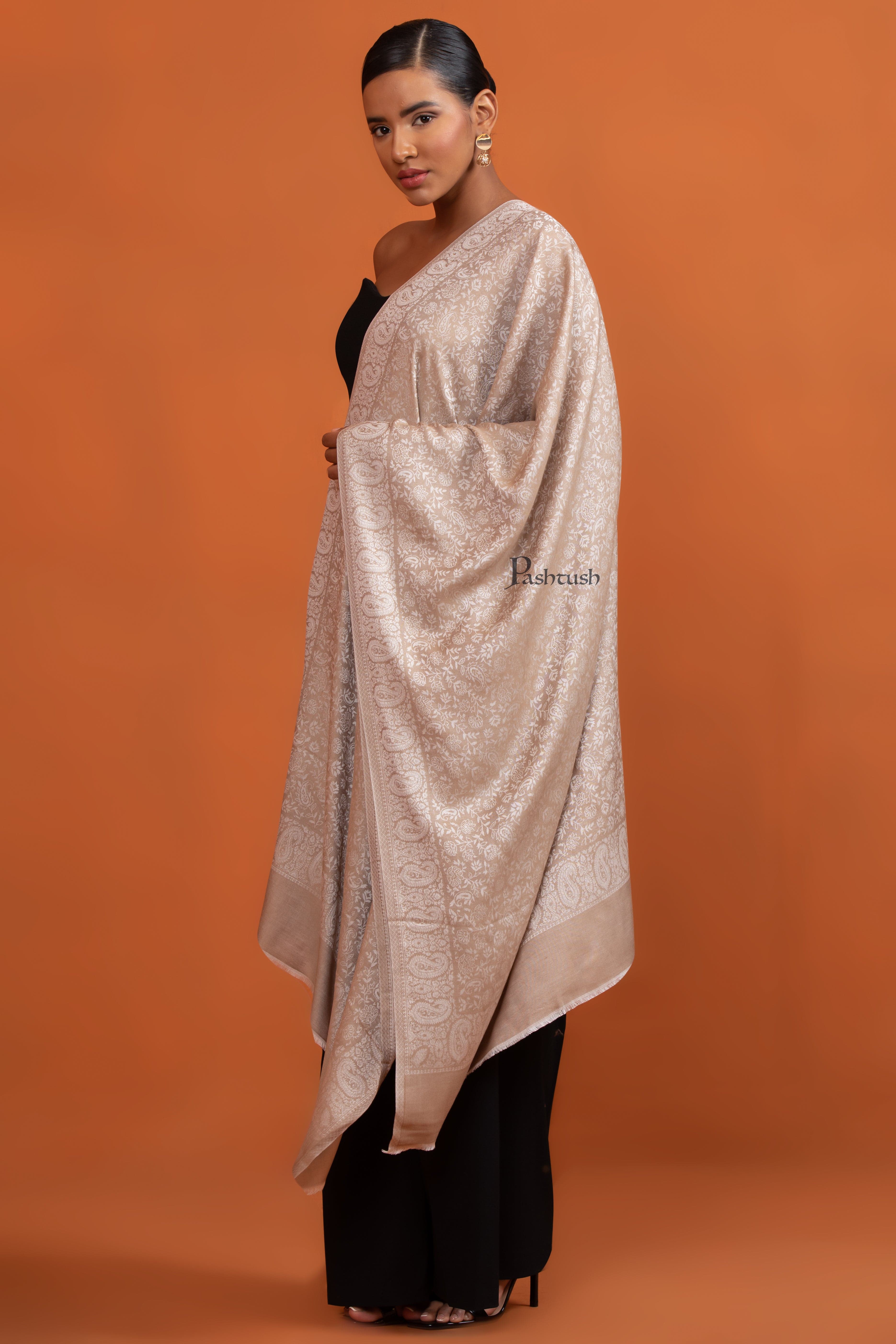 Pashtush Womens Bamboo Stole, Pasiley Weave Design, Taupe - Image 5