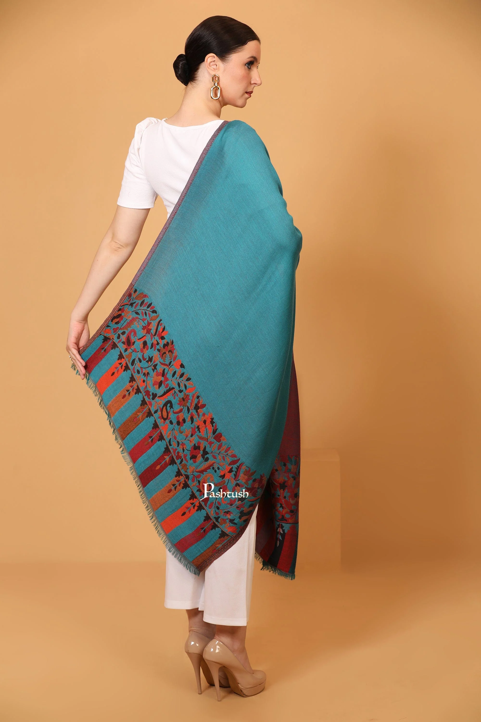 Pashtush womens Bamboo stole, Reversible Ethnic Weave Palla design, Arabic Sea Blue - Image 5