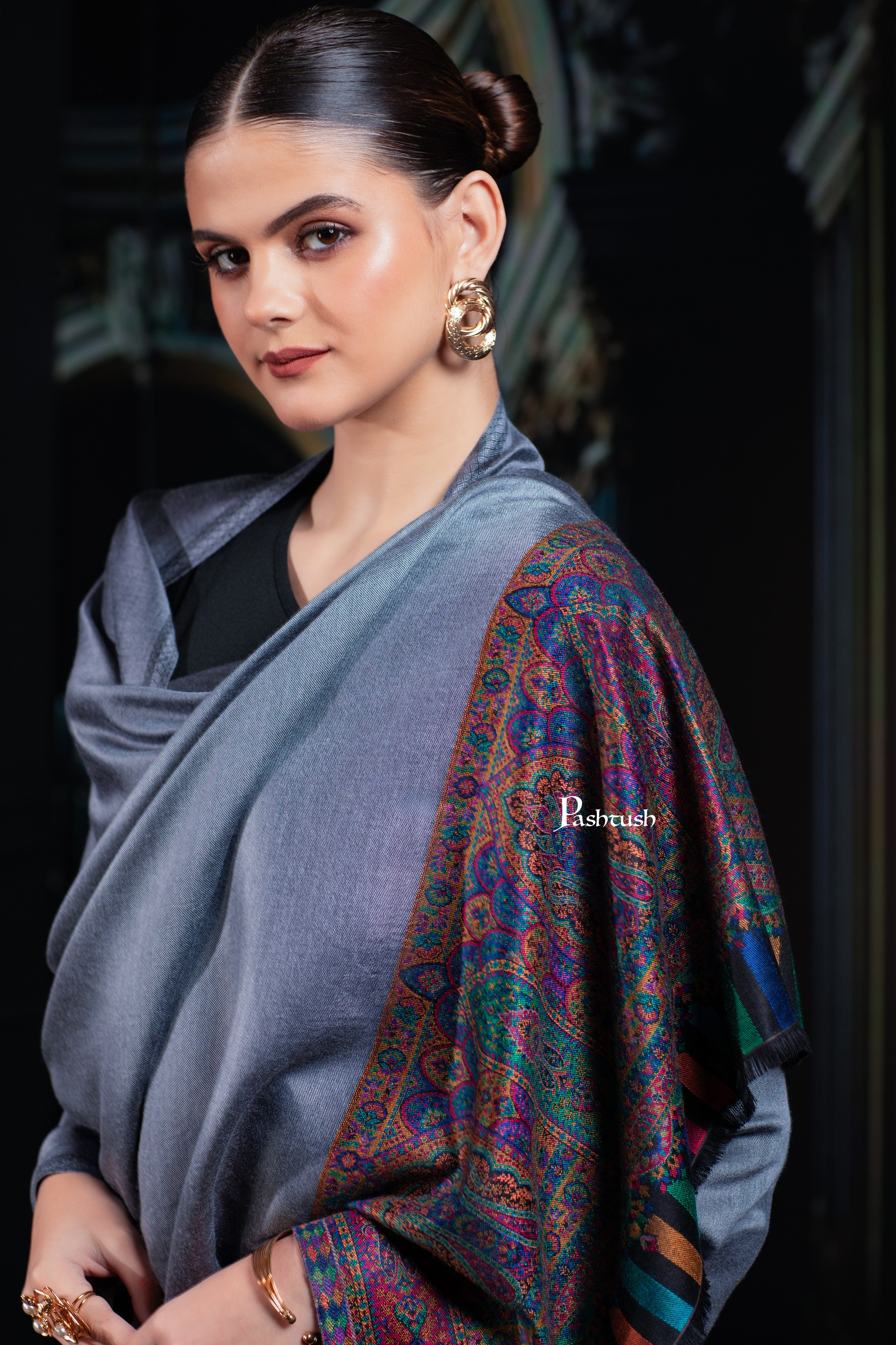 Pashtush Womens Bamboo Stole, Royal Darbar Palla Design, Slate - Image 5
