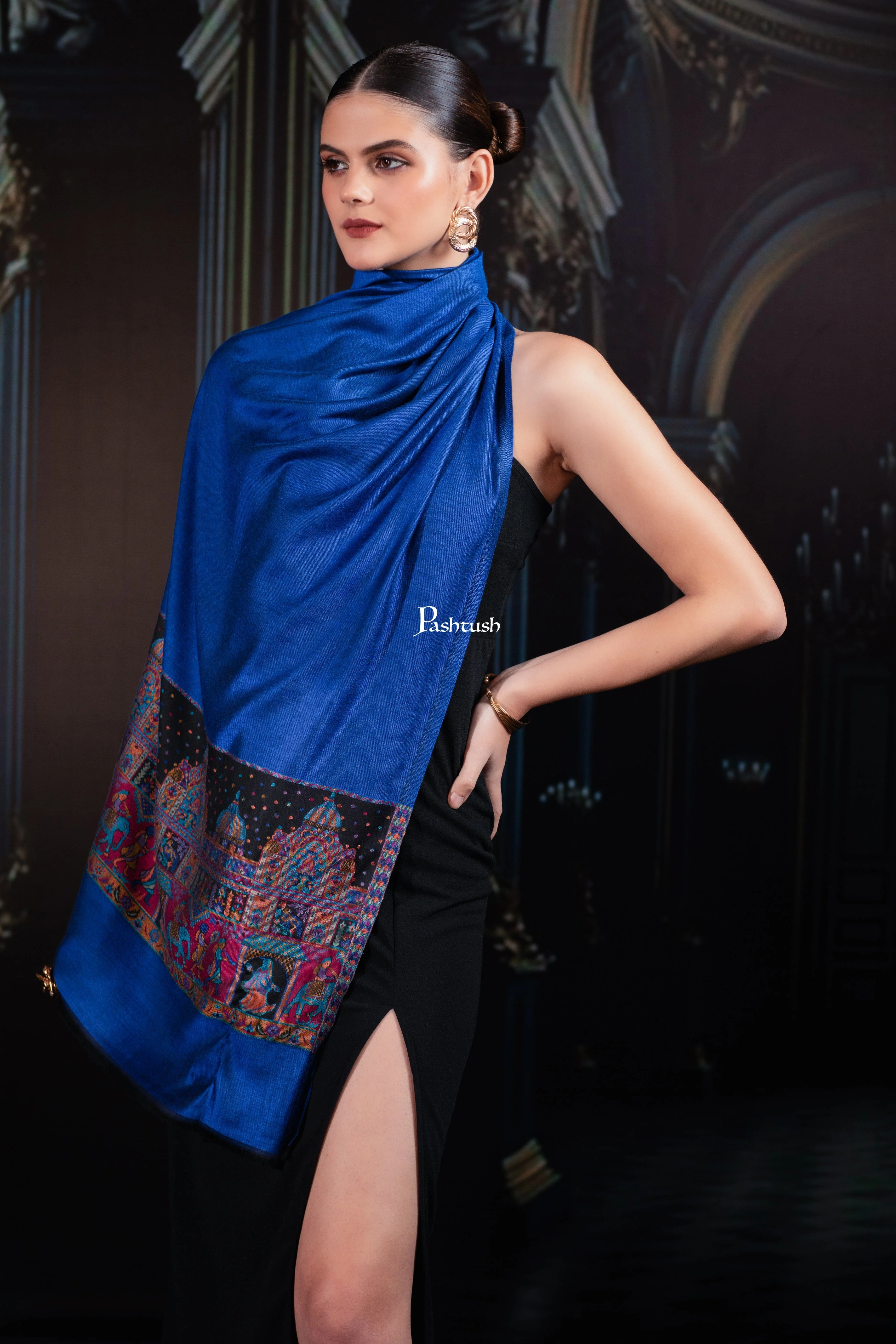 Pashtush Womens Bamboo Stole, Royal Darbar Palla, Lapiz Blue - Image 7