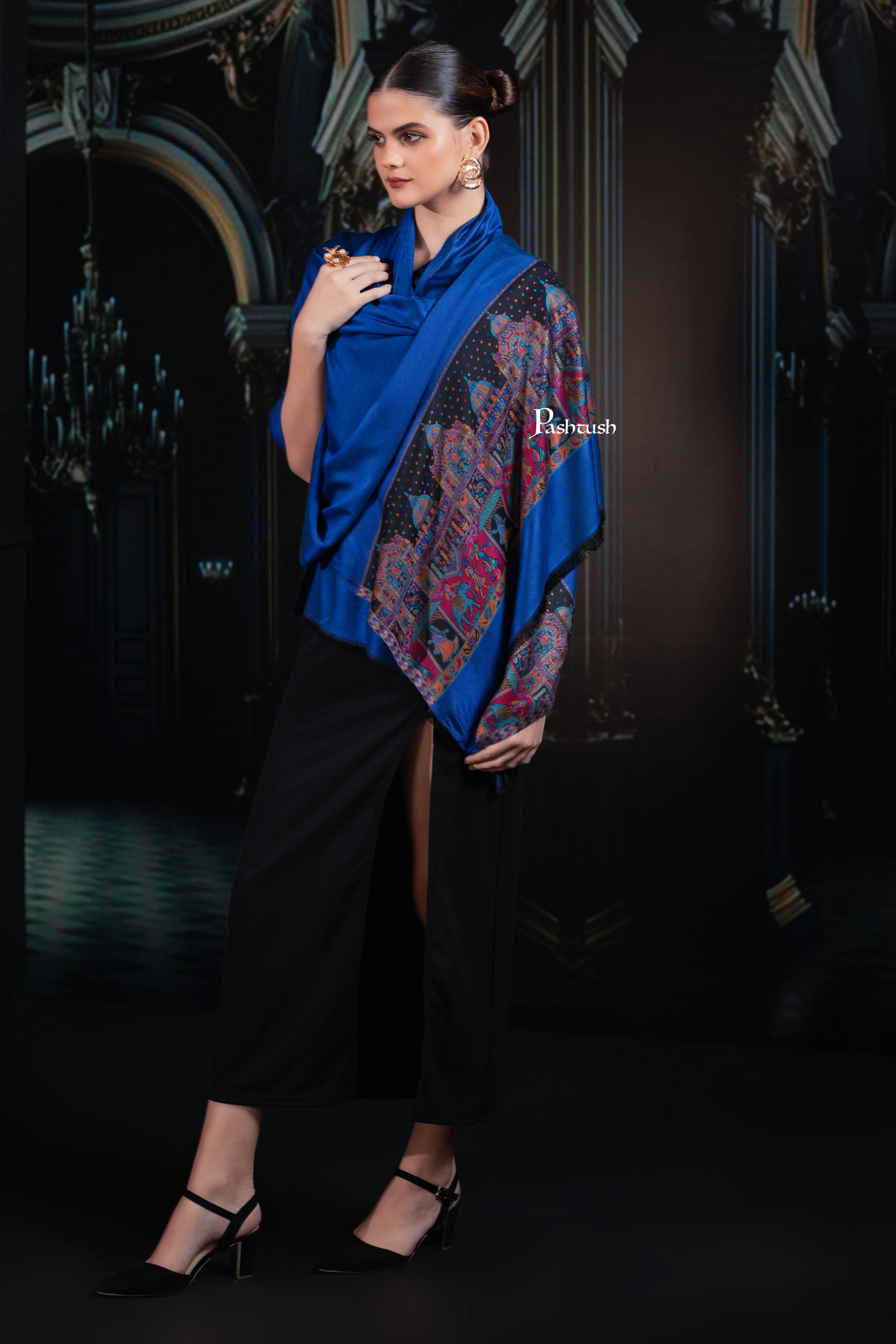 Pashtush Womens Bamboo Stole, Royal Darbar Palla, Lapiz Blue - Image 9