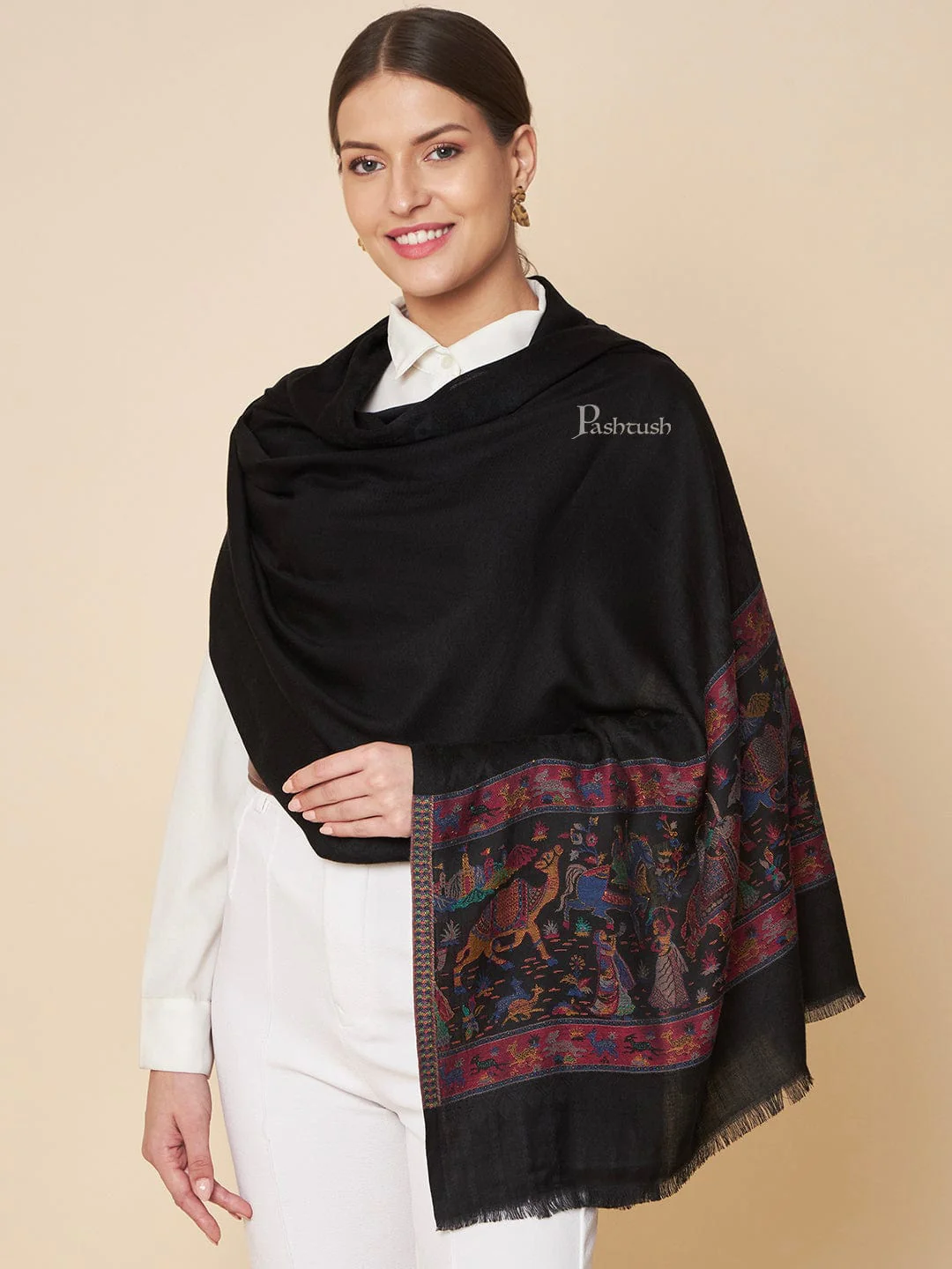 Pashtush Womens Bamboo Stole, Royal Elephants Palla Design, Black - Image 2