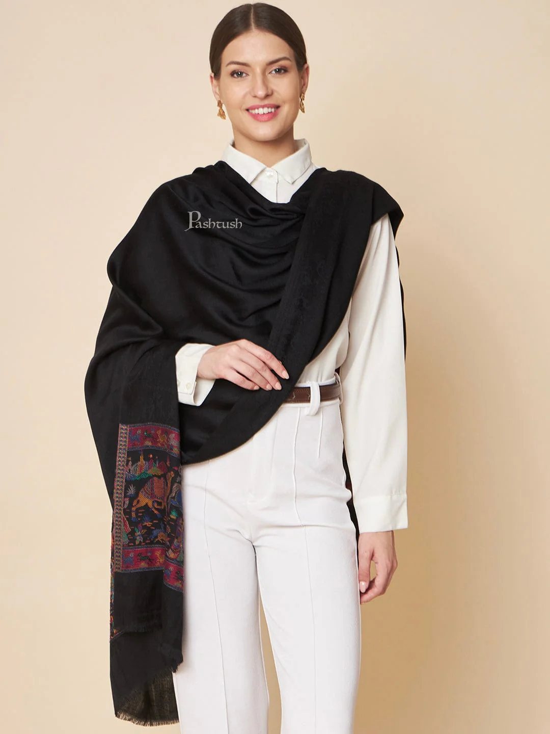 Pashtush Womens Bamboo Stole, Royal Elephants Palla Design, Black - Image 3