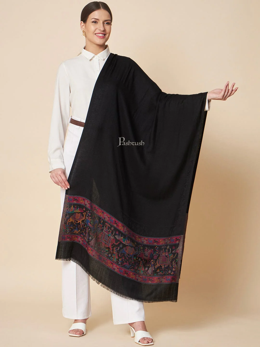 Pashtush Womens Bamboo Stole, Royal Elephants Palla Design, Black - Image 4