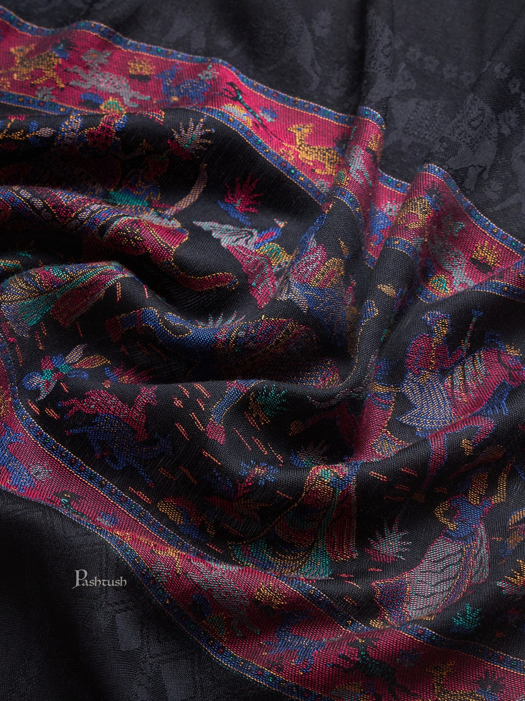 Pashtush Womens Bamboo Stole, Royal Elephants Palla Design, Black - Image 5