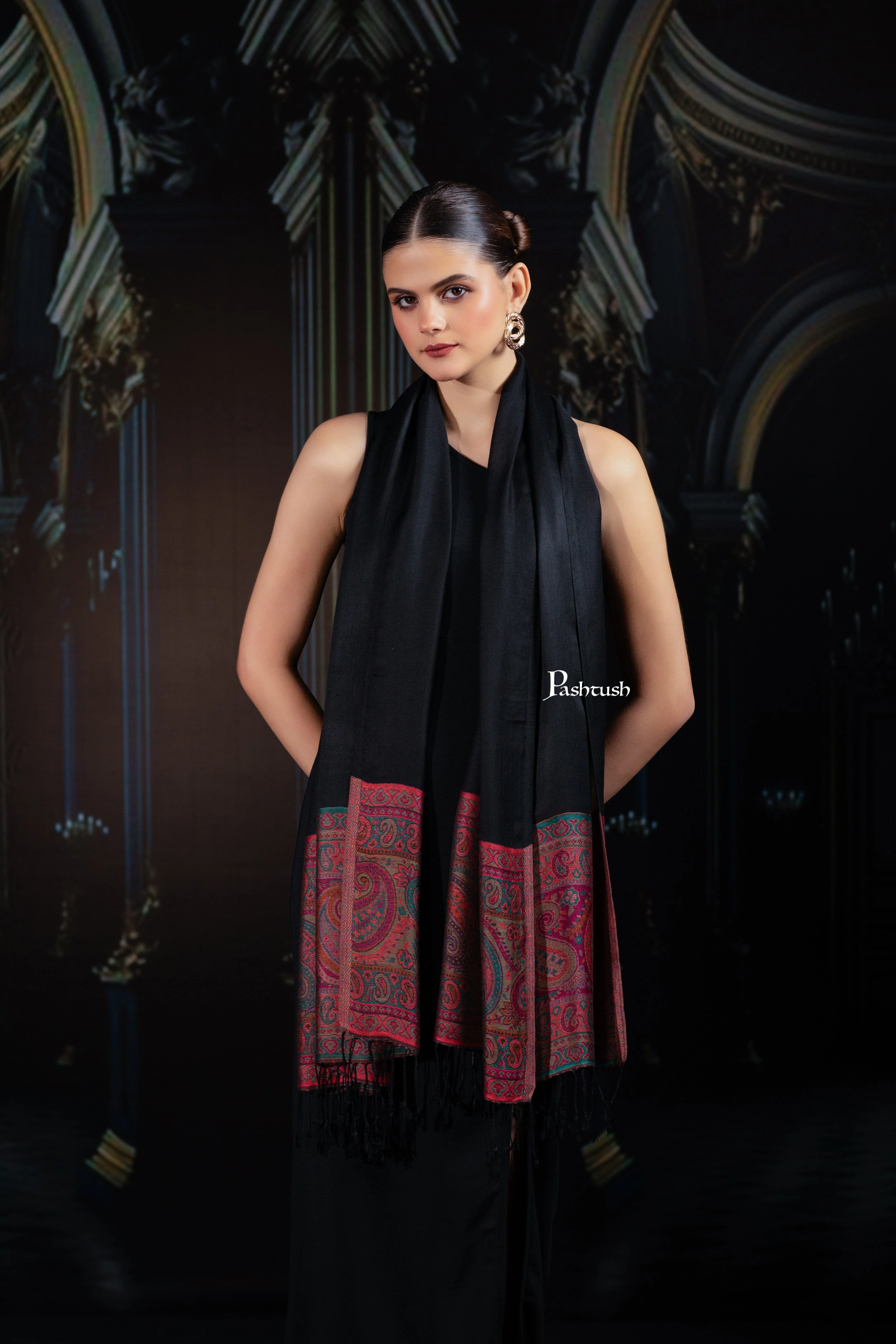 Pashtush Womens Bamboo Stole, Silky Soft, Woven Paisley Design, Black - Image 3