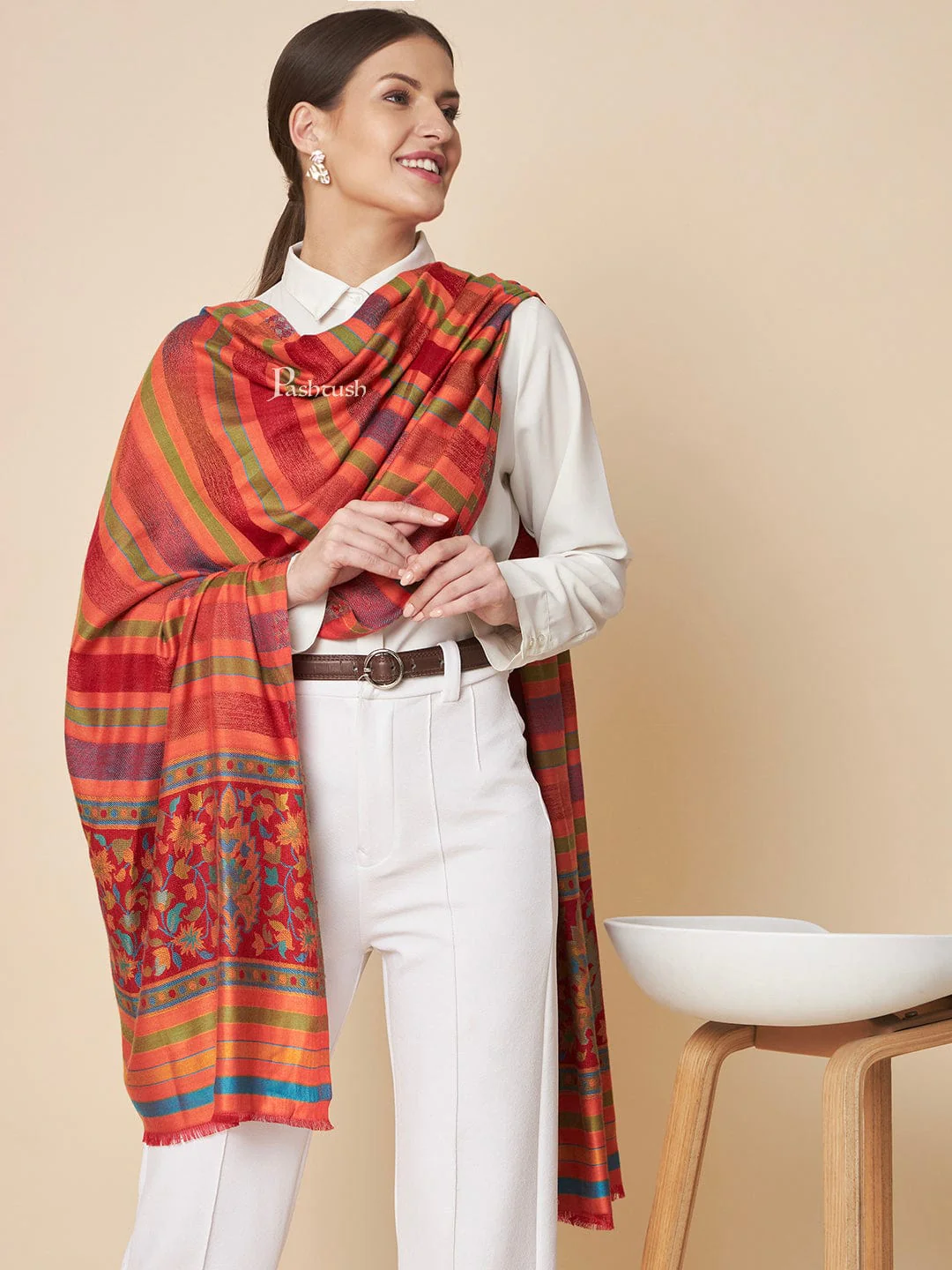 Pashtush Womens Bamboo Stole, Stripe Design, Multicolour - Image 4