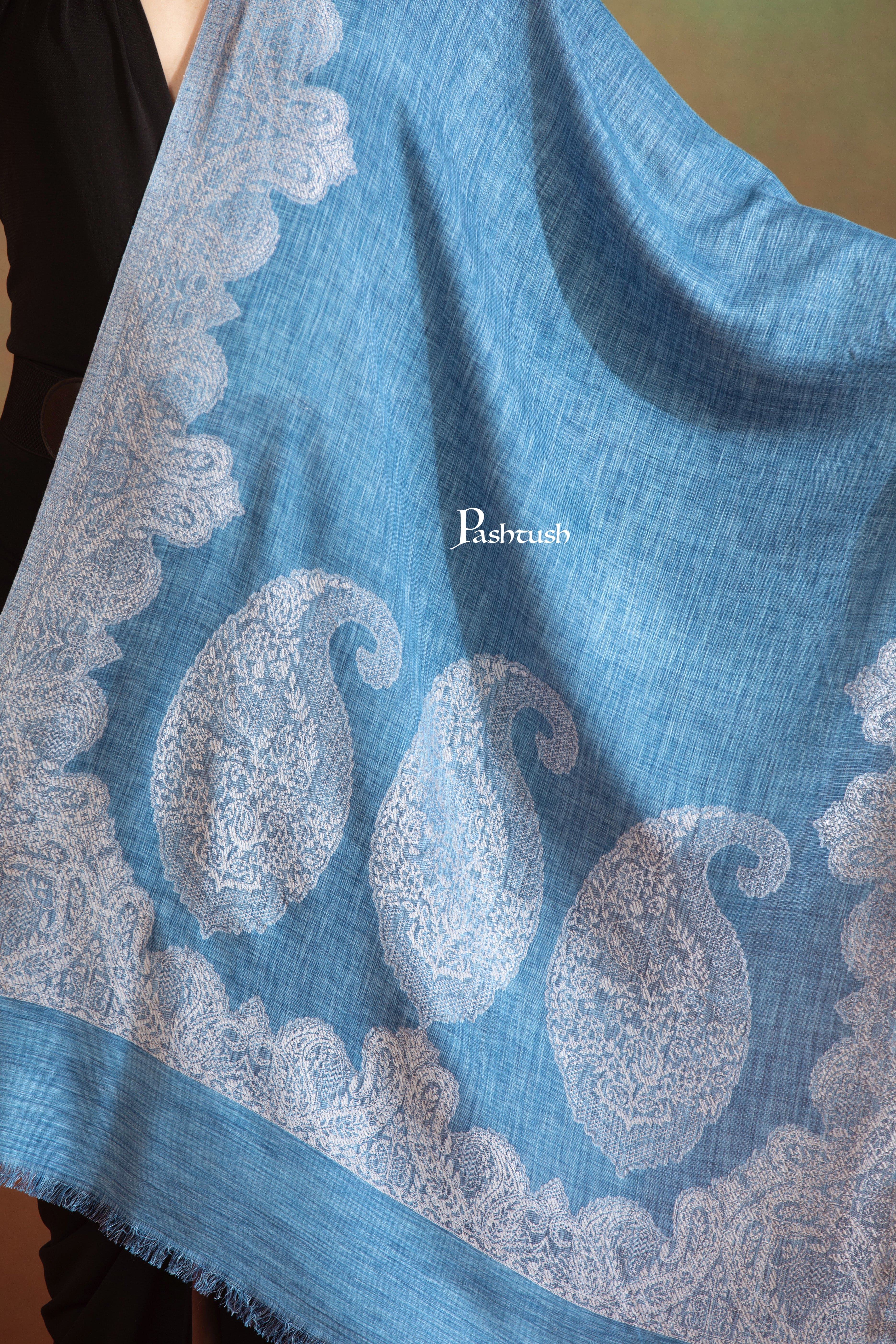 Pashtush Womens Bamboo Stole, Woven Paisley Design, Aqua Blue - Image 2