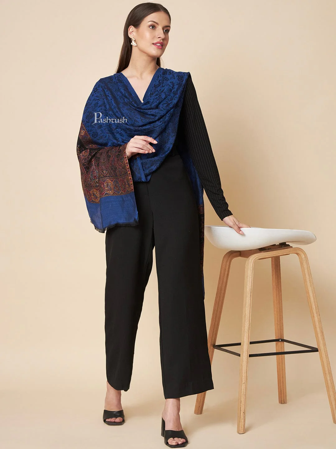 Pashtush Womens Bamboo Stole, Zari Design, Navy Blue - Image 5
