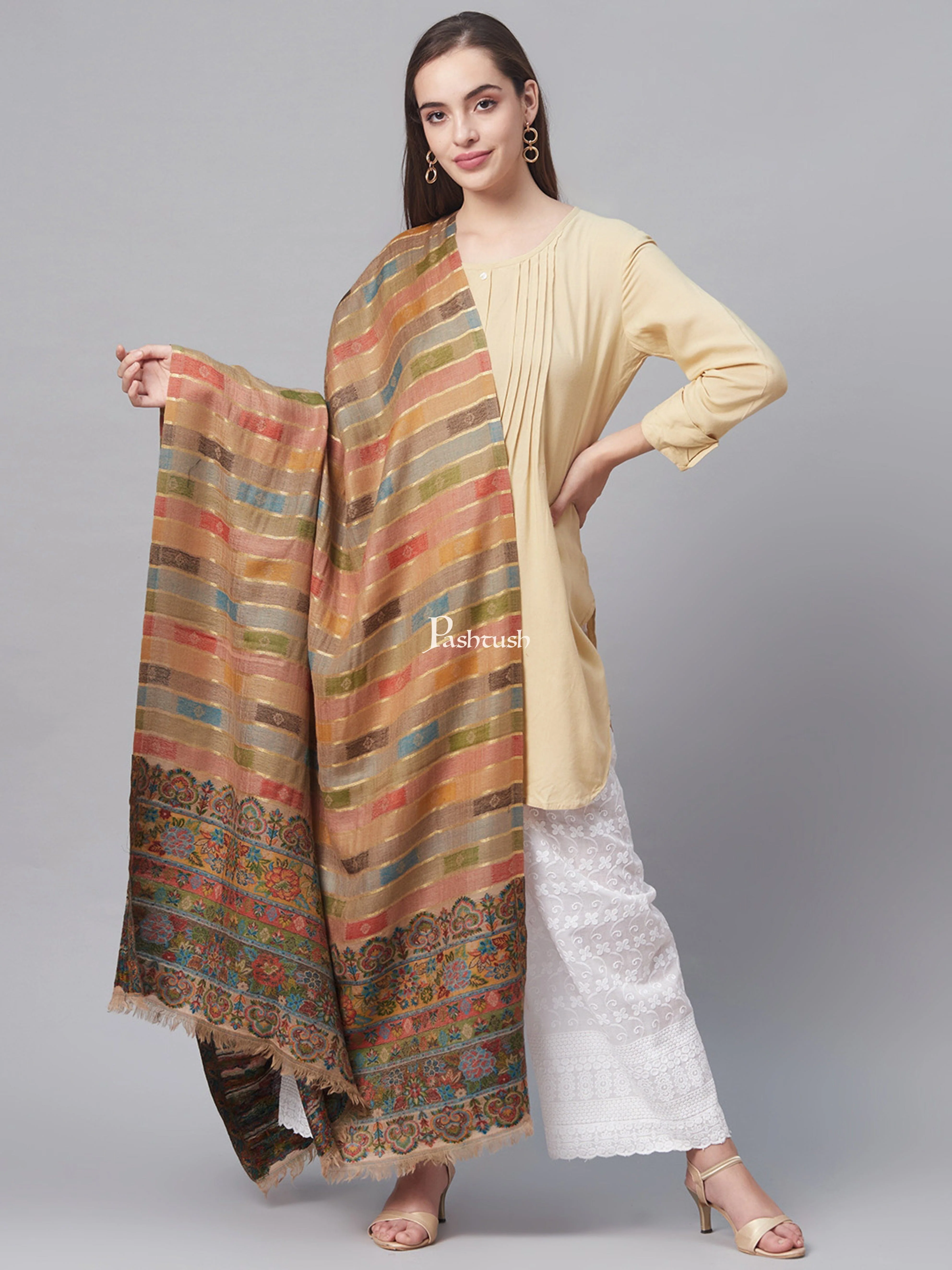 Pashtush Womens Pure Wool Woven Design Ethnic Stole Beige