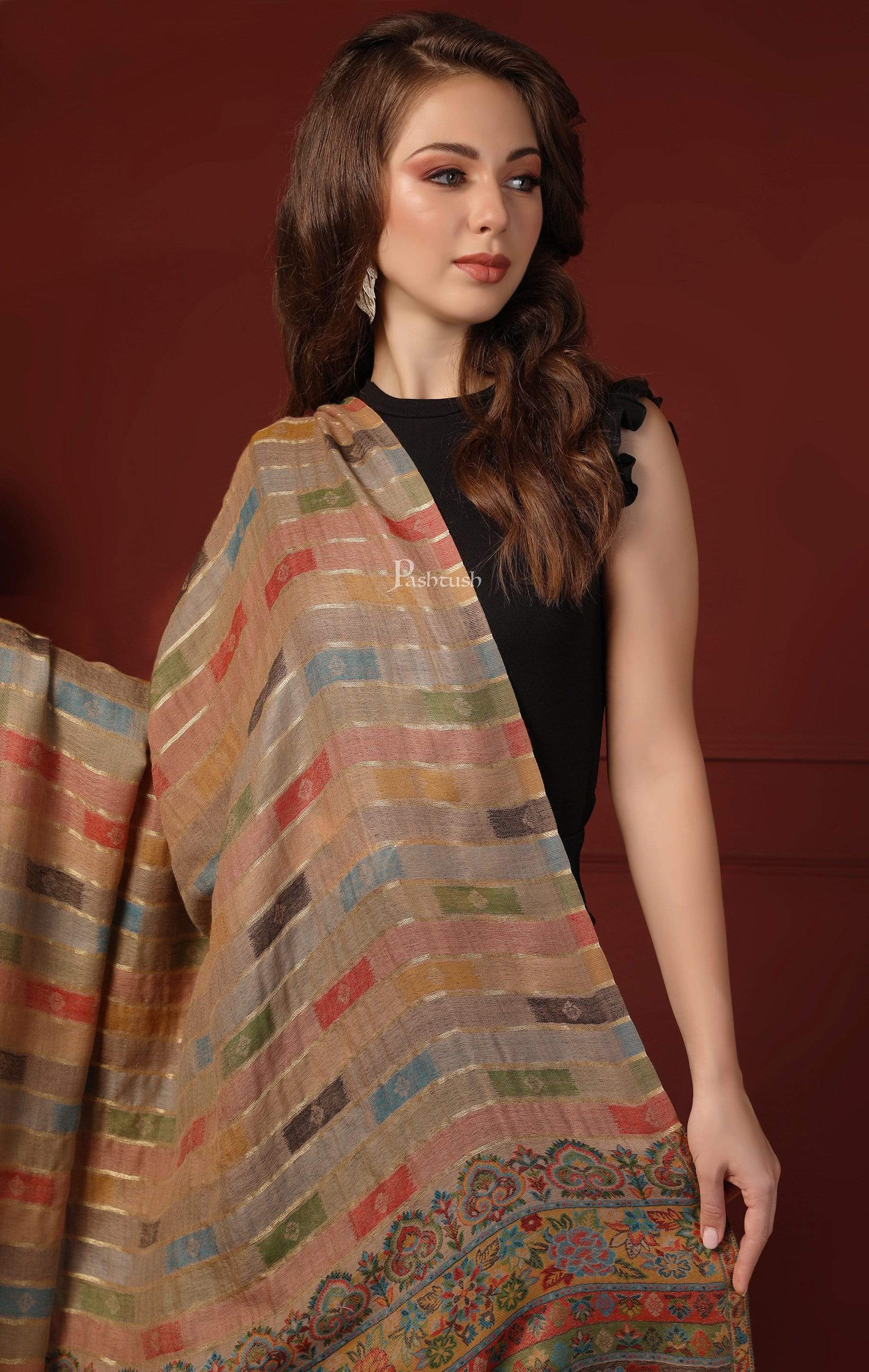 Pashtush Womens Pure Wool Woven Design Ethnic Stole Beige