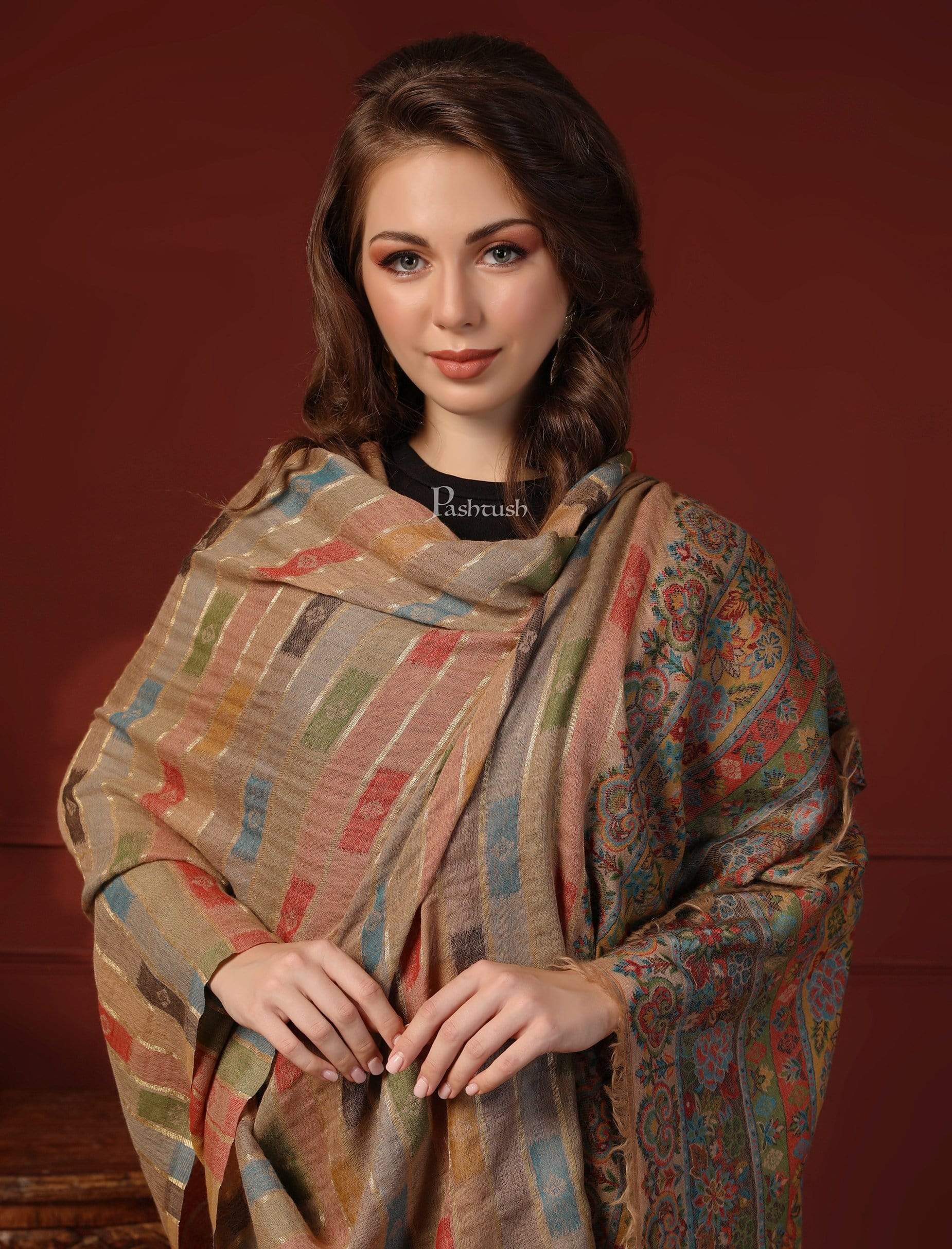 Pashtush Womens Pure Wool Woven Design Ethnic Stole Beige - Image 6