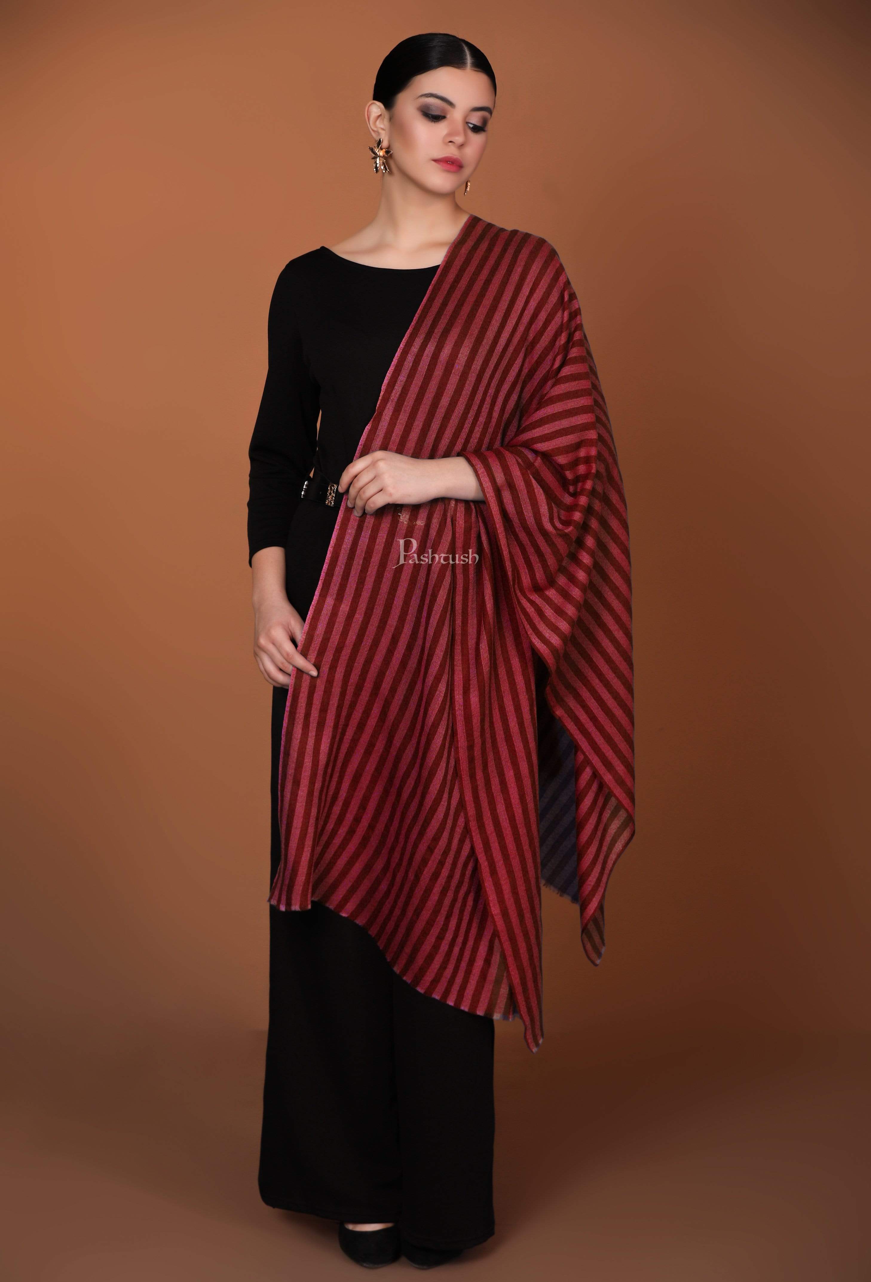 Pashtush Womens Extra Fine Wool Stole, Stripe Design, Red