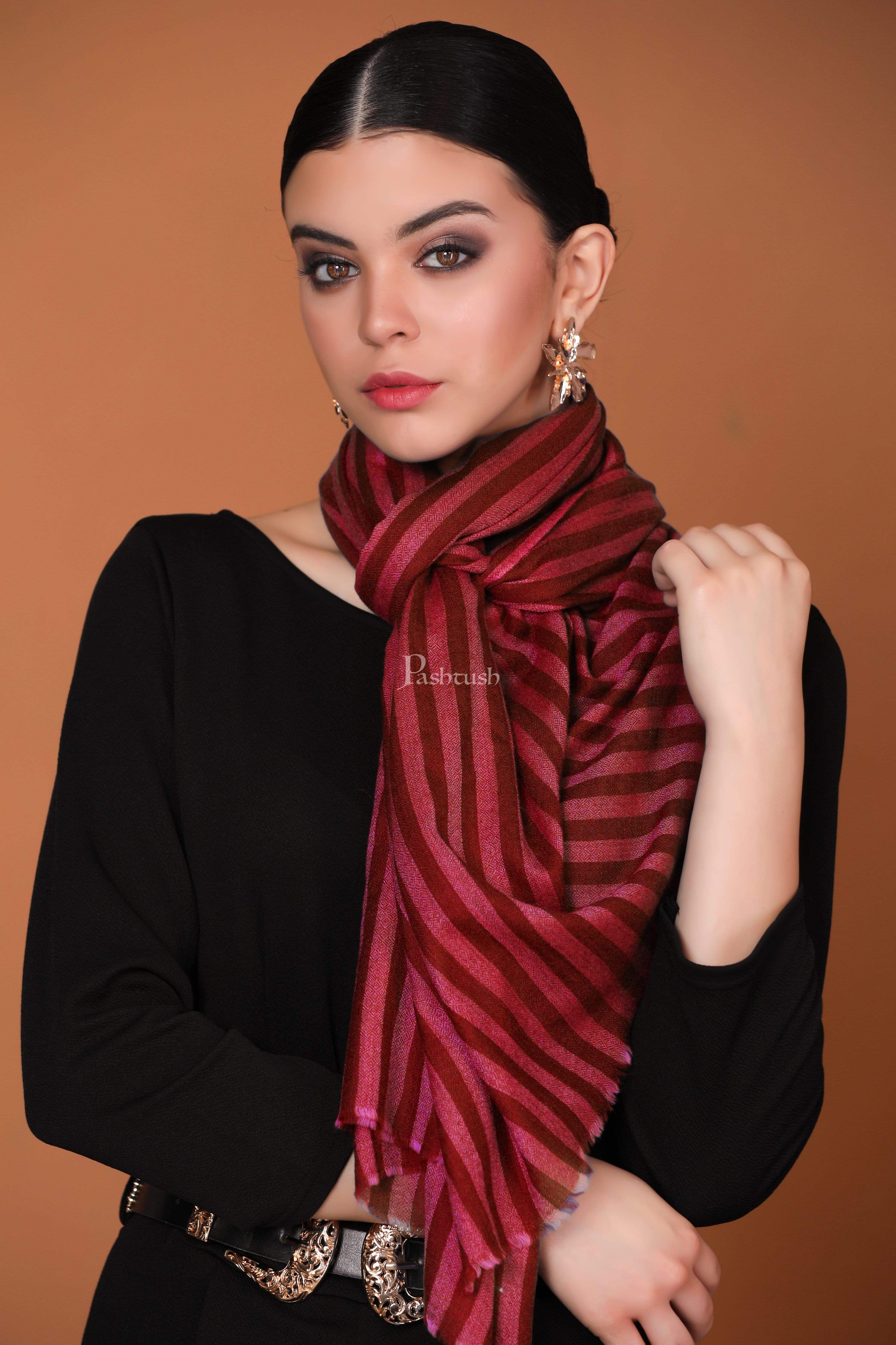 Pashtush Womens Extra Fine Wool Stole, Stripe Design, Red - Image 3