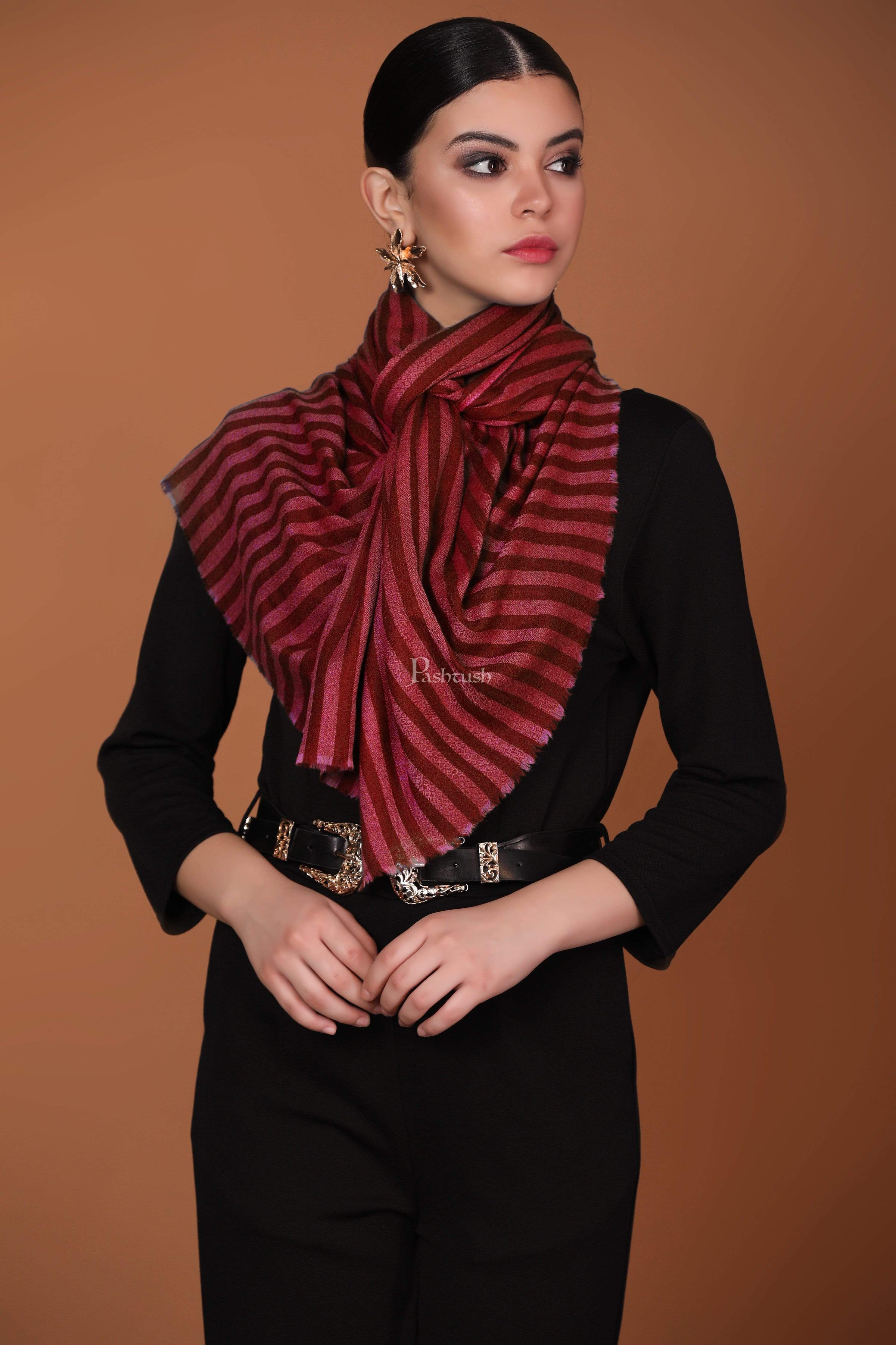 Pashtush Womens Extra Fine Wool Stole, Stripe Design, Red - Image 6