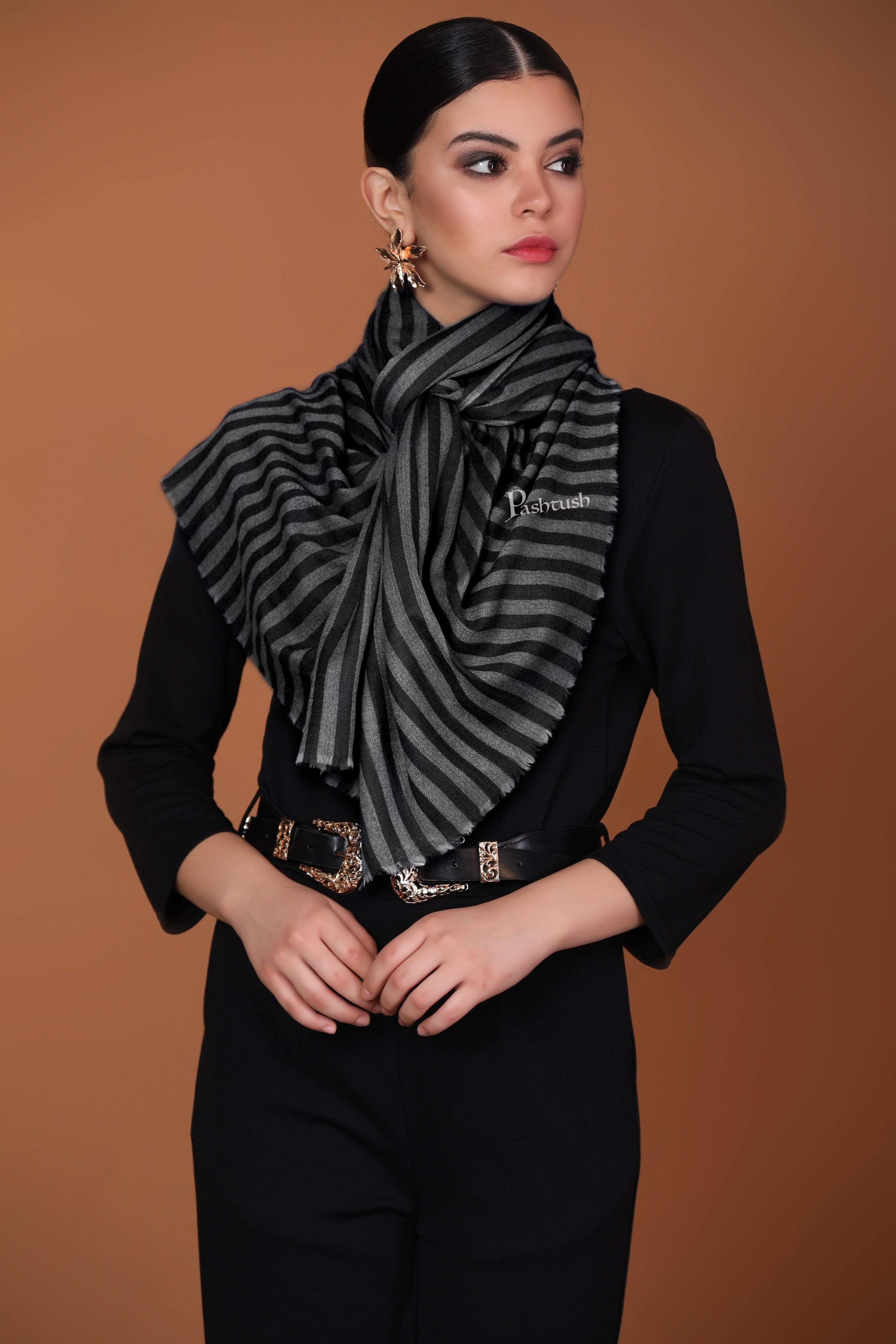 Pashtush Womens Extra Fine Wool Stole, Stripe Design, Monotone Black