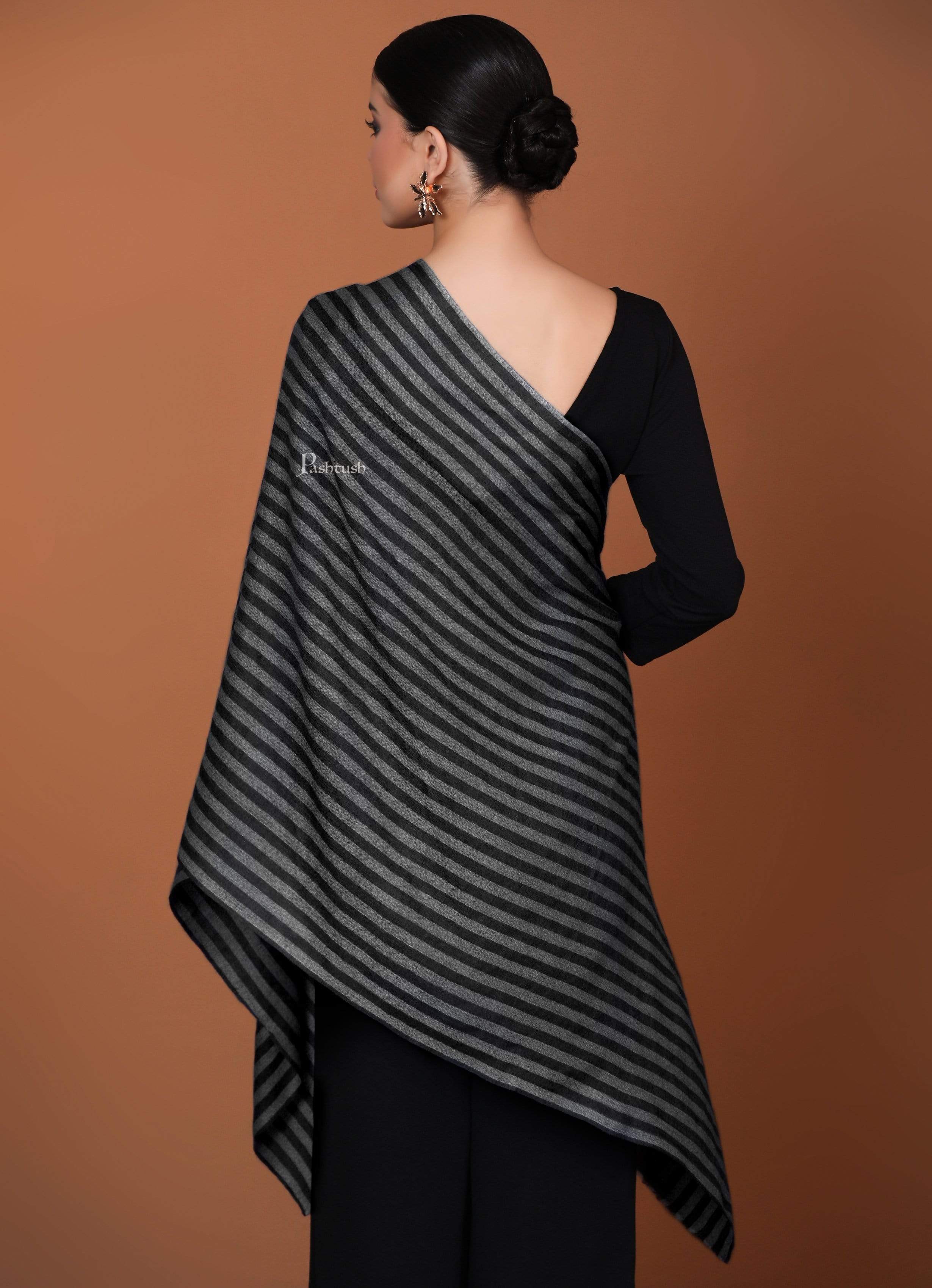 Pashtush Womens Extra Fine Wool Stole, Stripe Design, Monotone Black - Image 3