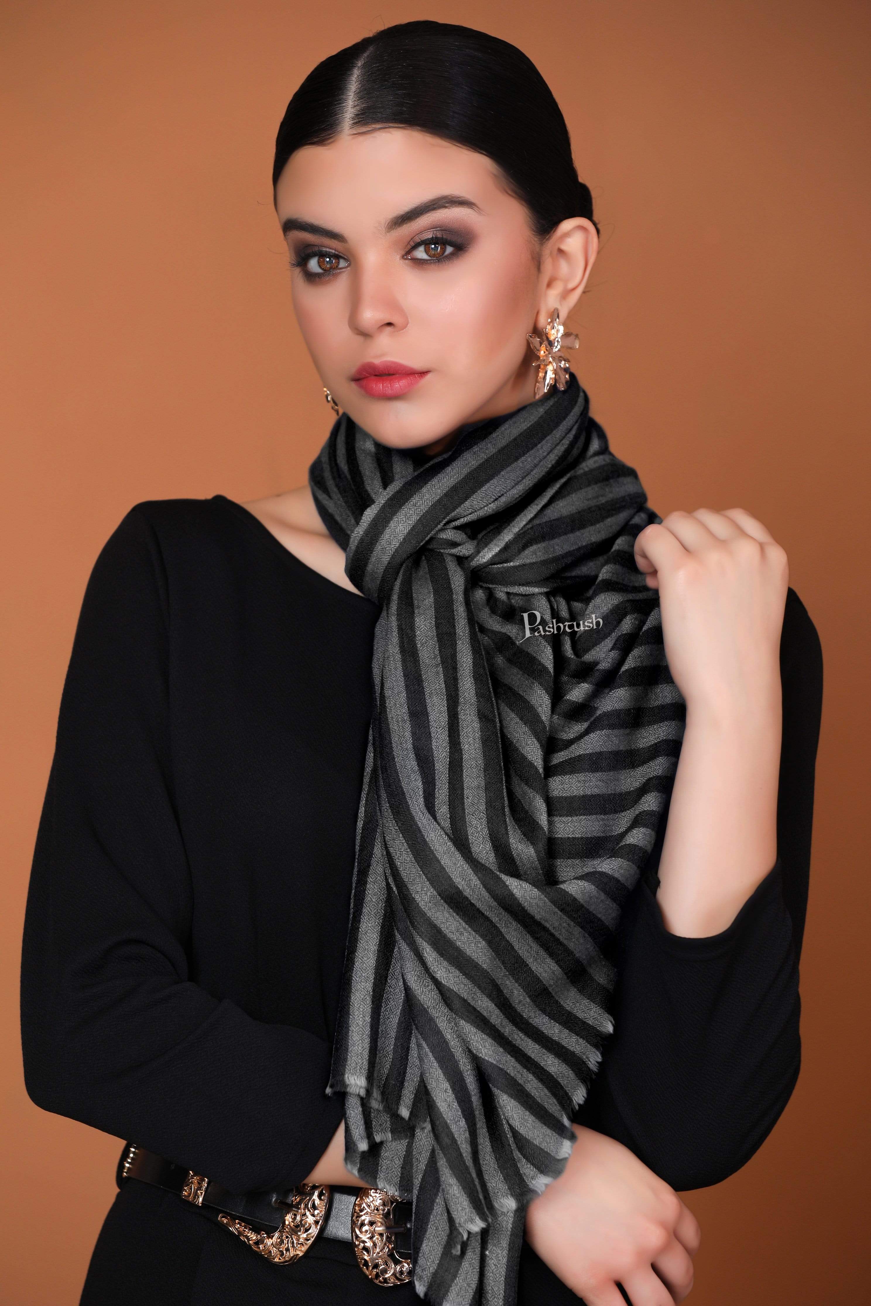 Pashtush Womens Extra Fine Wool Stole, Stripe Design, Monotone Black - Image 4