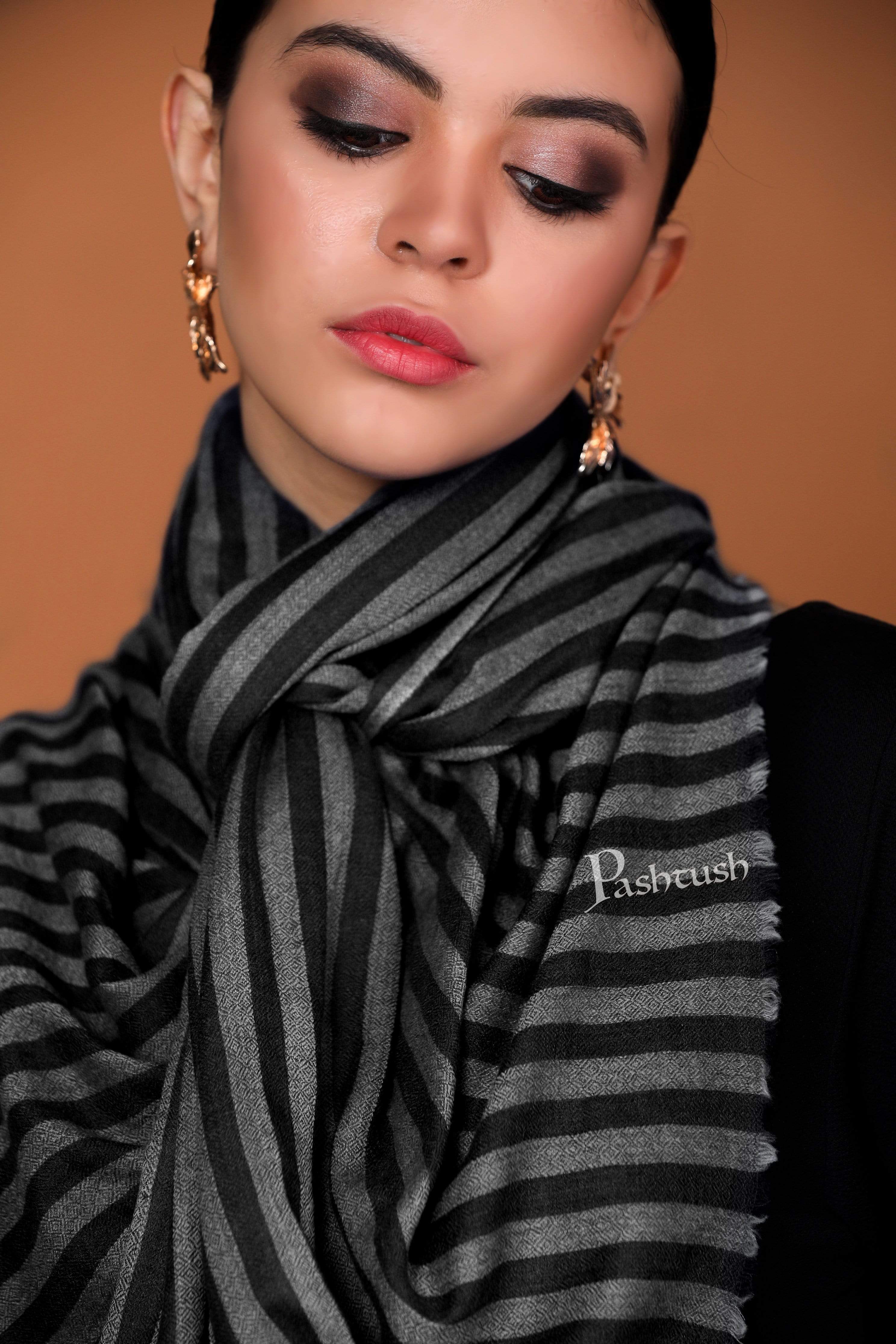 Pashtush Womens Extra Fine Wool Stole, Stripe Design, Monotone Black - Image 6