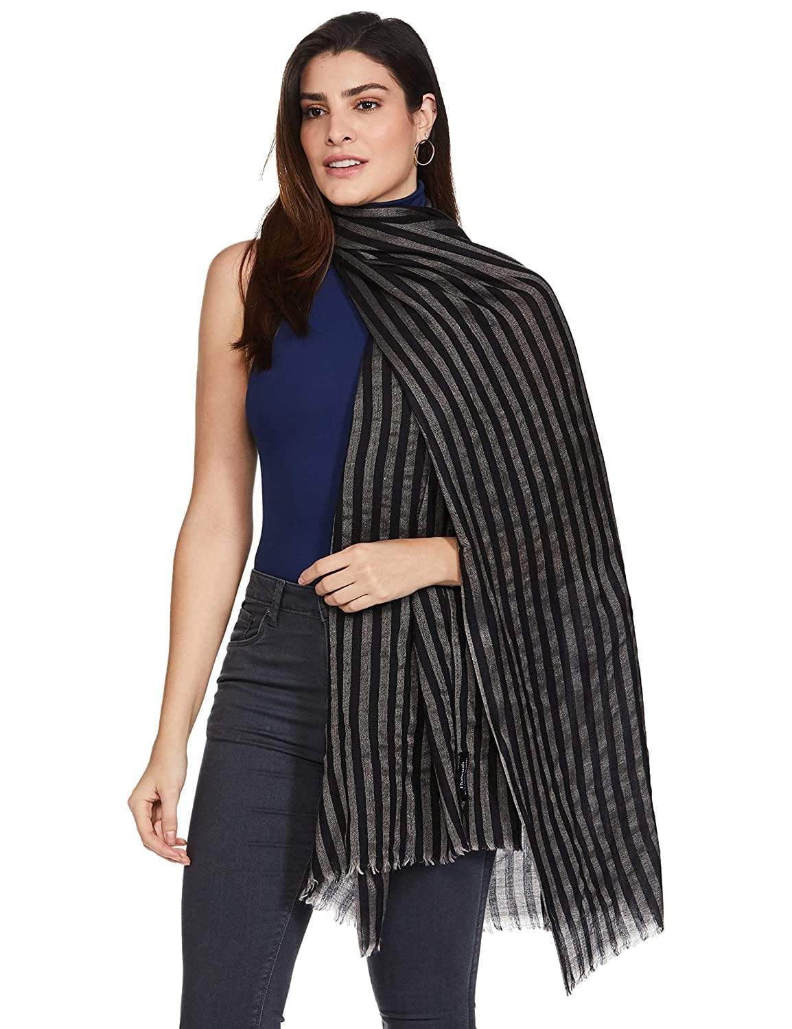 Pashtush Womens Extra Fine Wool Stole, Stripe Design, Monotone Black - Image 7