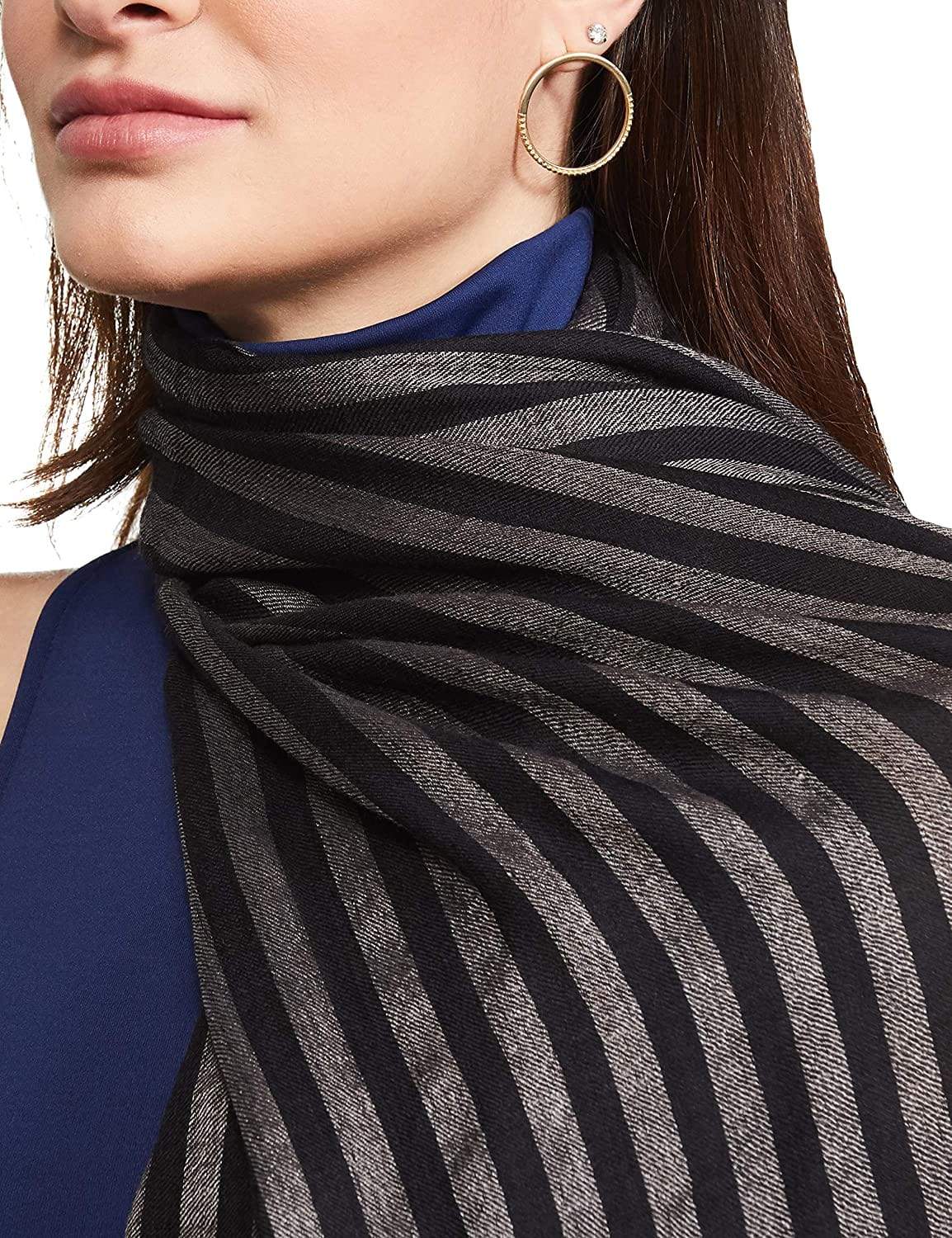 Pashtush Womens Extra Fine Wool Stole, Stripe Design, Monotone Black - Image 8