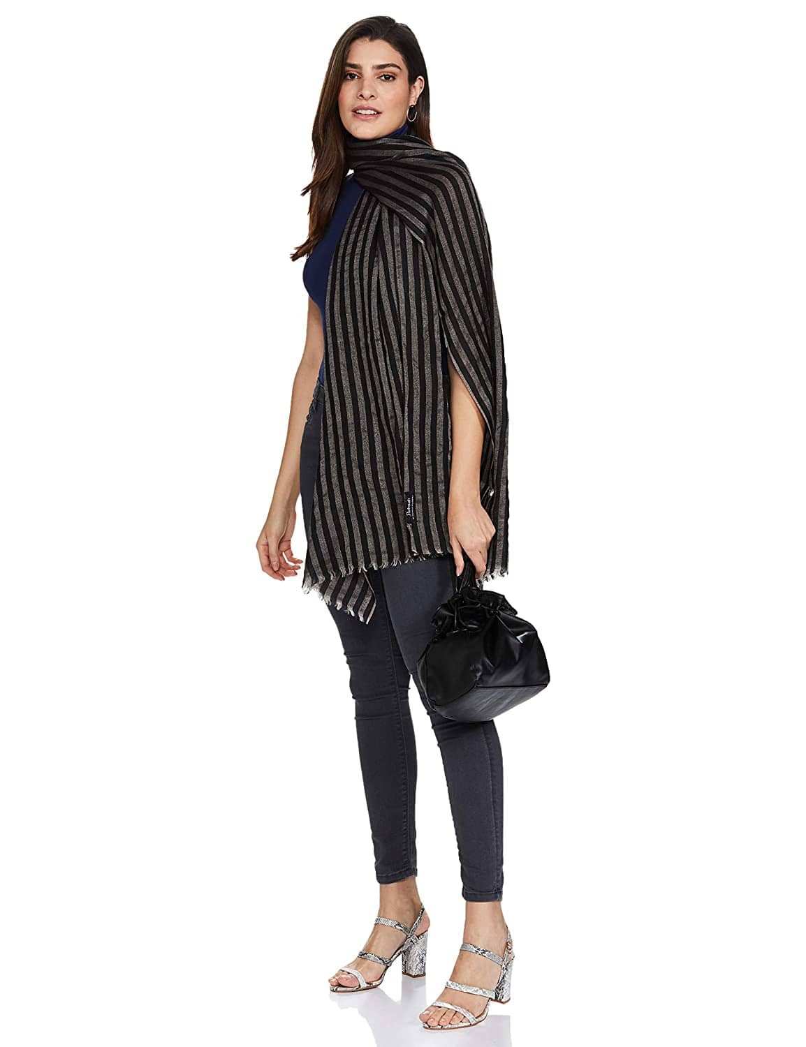 Pashtush Womens Extra Fine Wool Stole, Stripe Design, Monotone Black - Image 9
