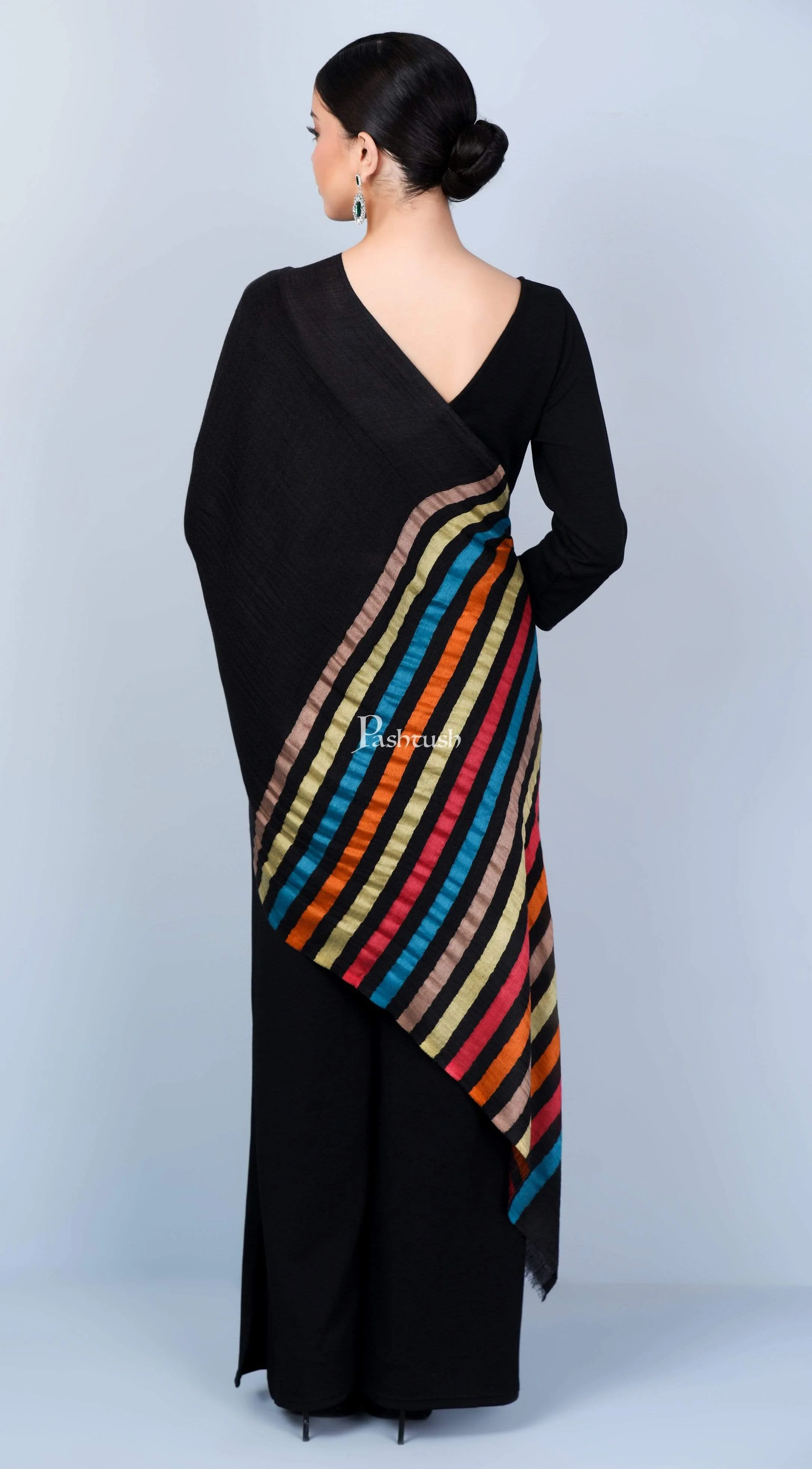 Pashtush Womens Cashmere And Wool Blended Scarf, With Fluro-Neon Stripes, Rich Black - Image 4