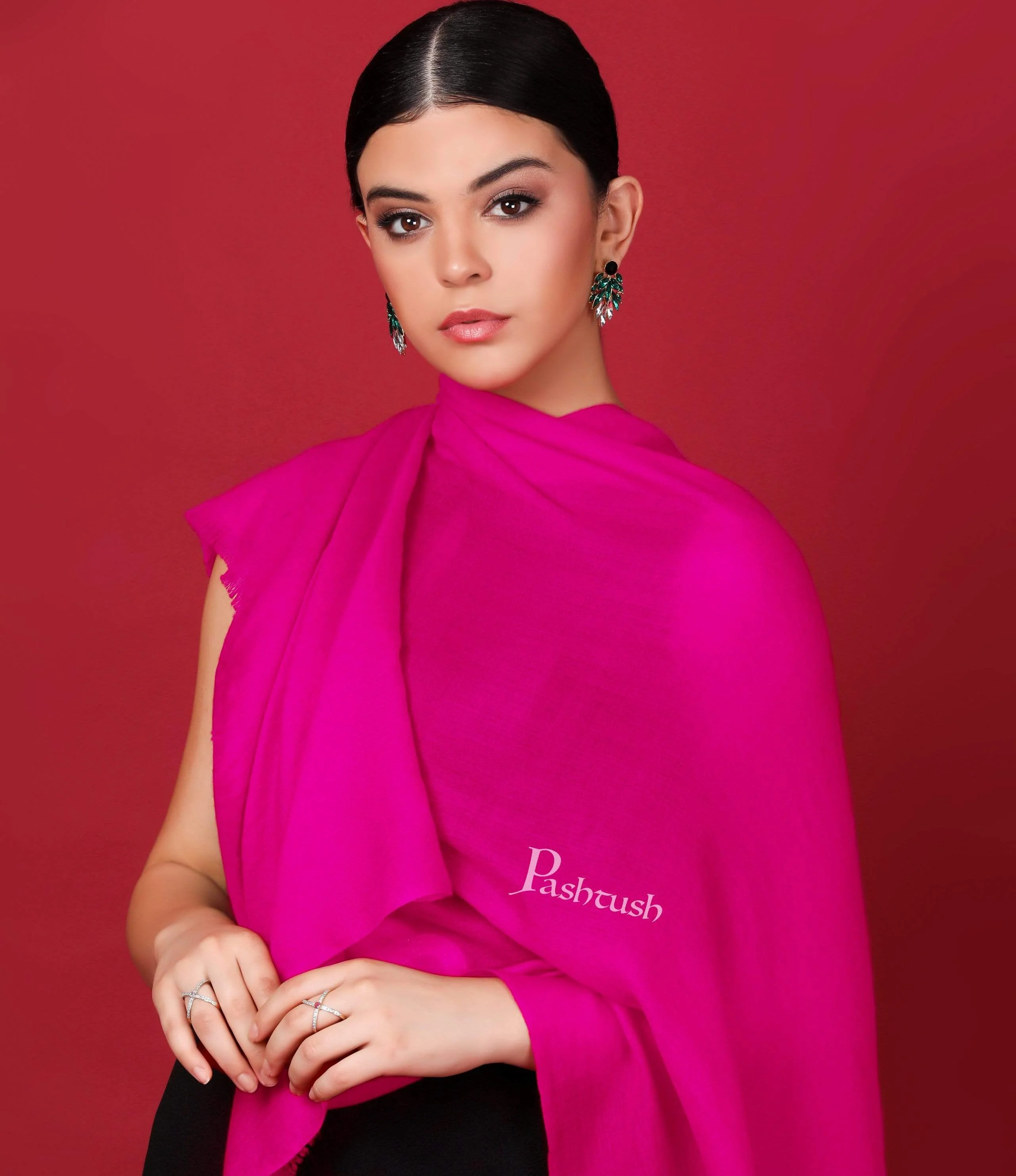 Pashtush Womens Softest Cashmere Scarf, Diamond Weave, Fuchsia - Image 6