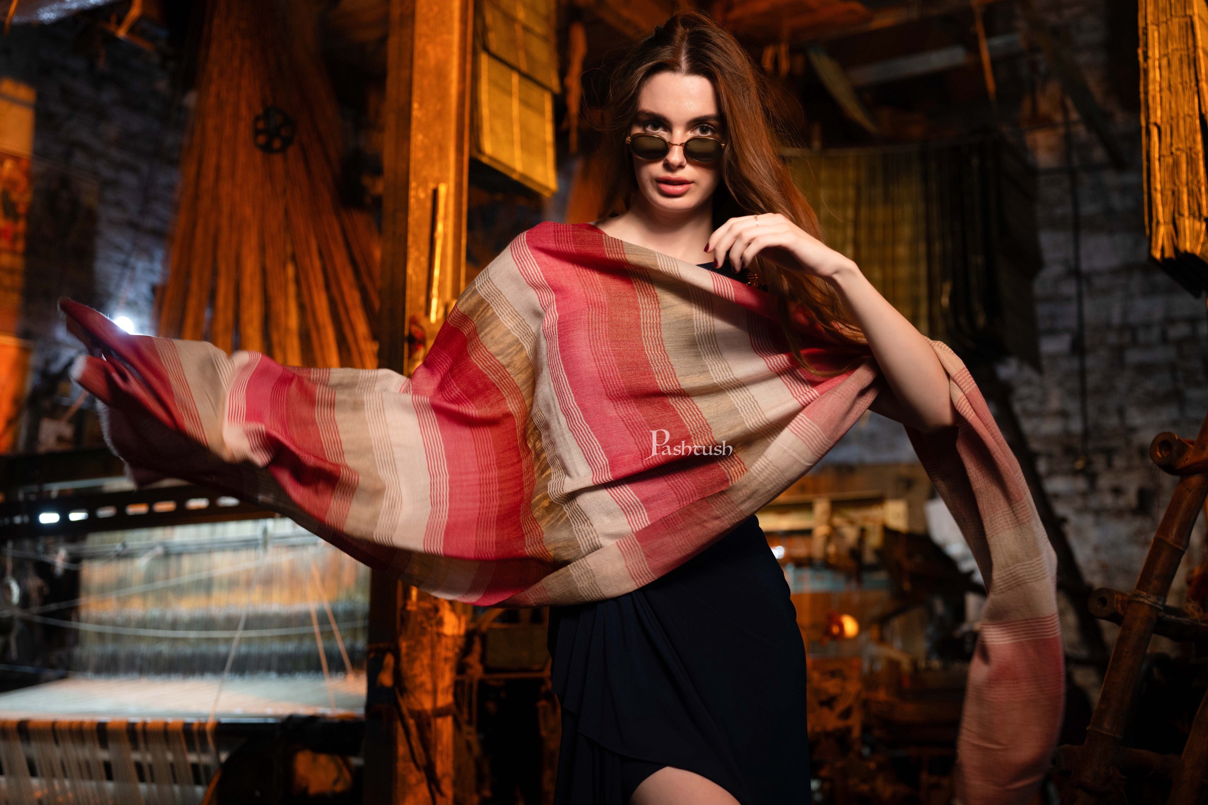 Pashtush Womens Extra Fine Wool Stole, Twilight Collection Striped Design, Multicolour - Image 4