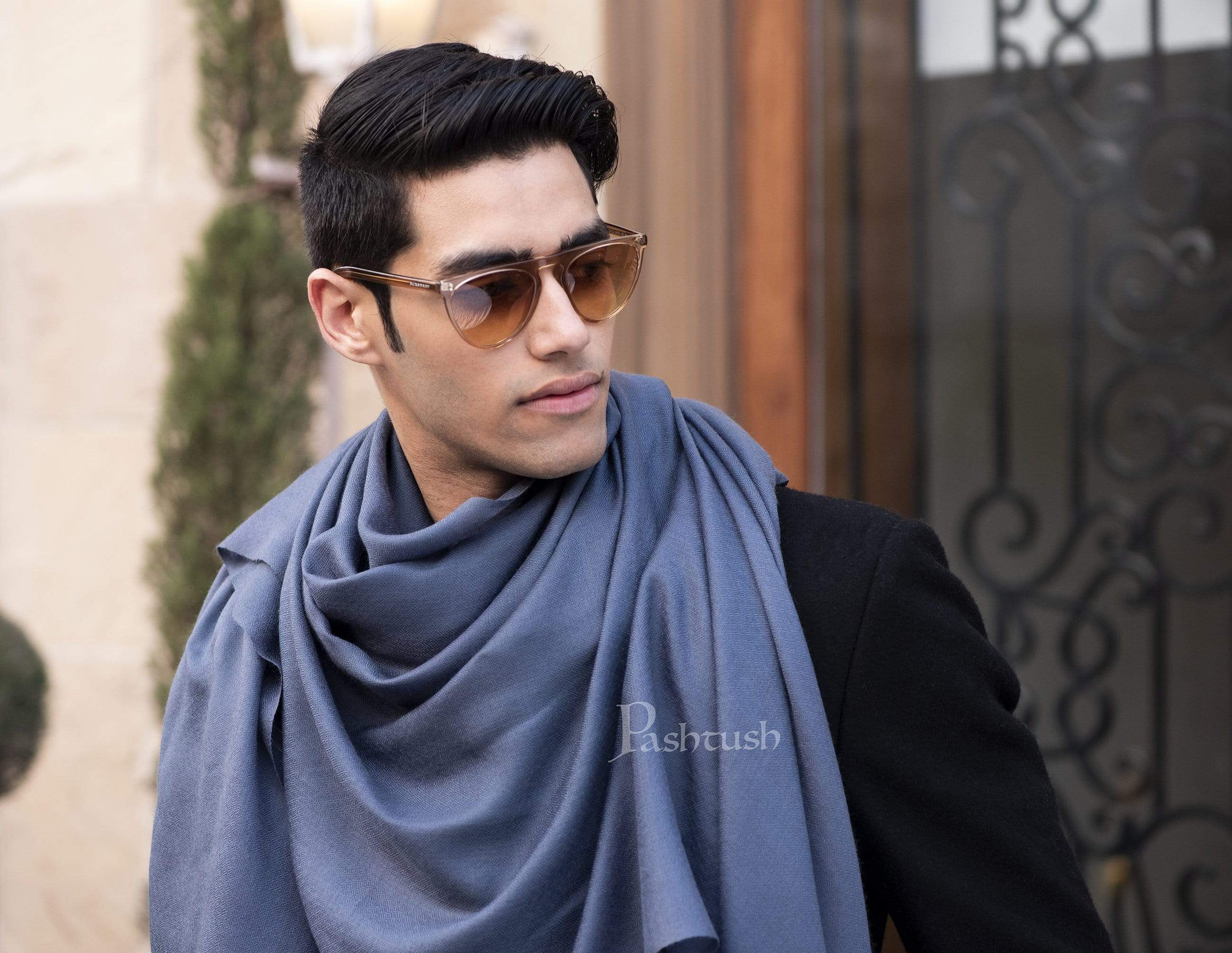 Pashtush Mens Cashmere & Wool Scarf, Bul-Bul Weave, Yale Blue