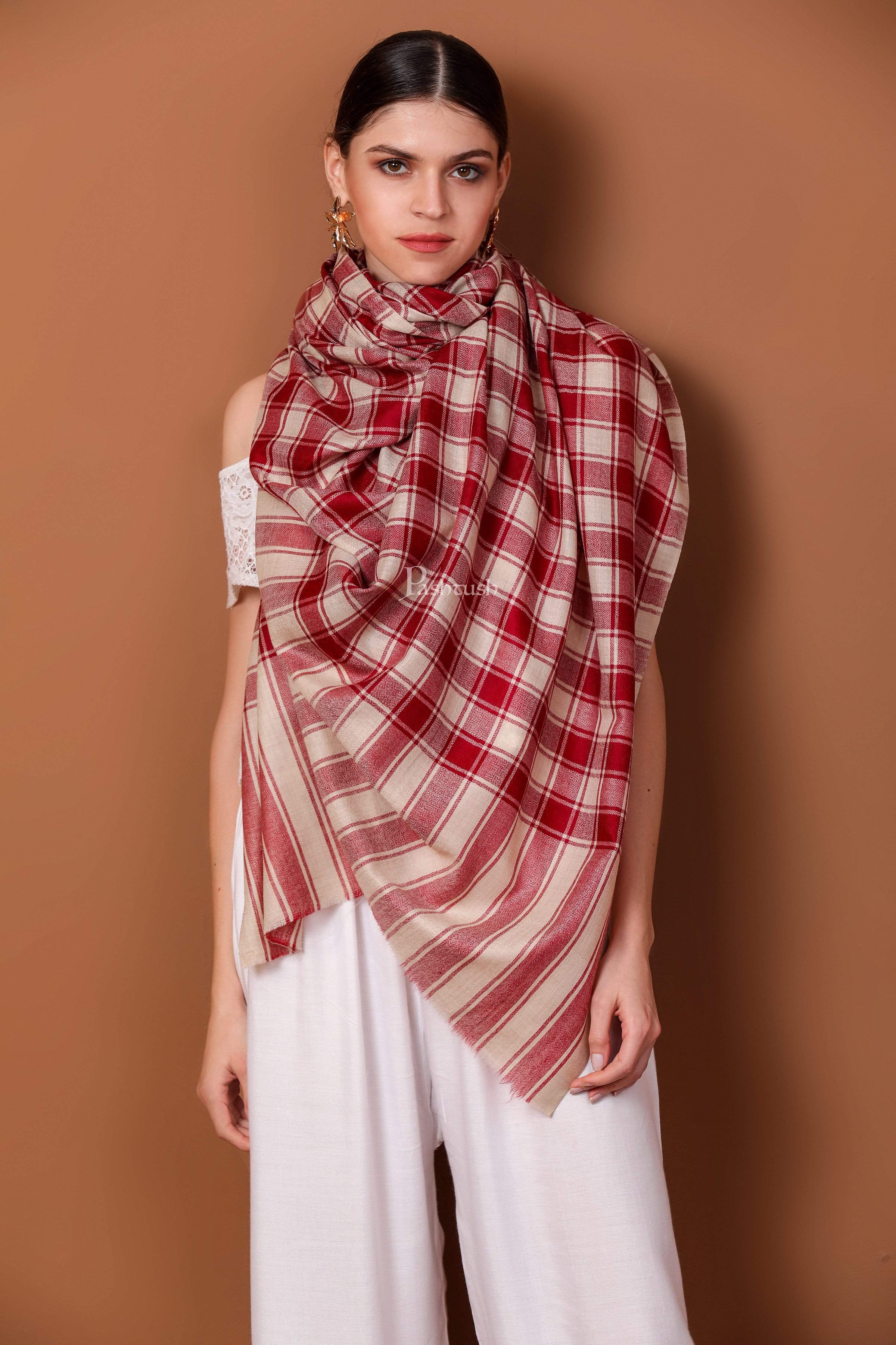 Pashtush Womens Check Shawl, Ultra Soft And Warm, Fine Wool,Red - Image 6
