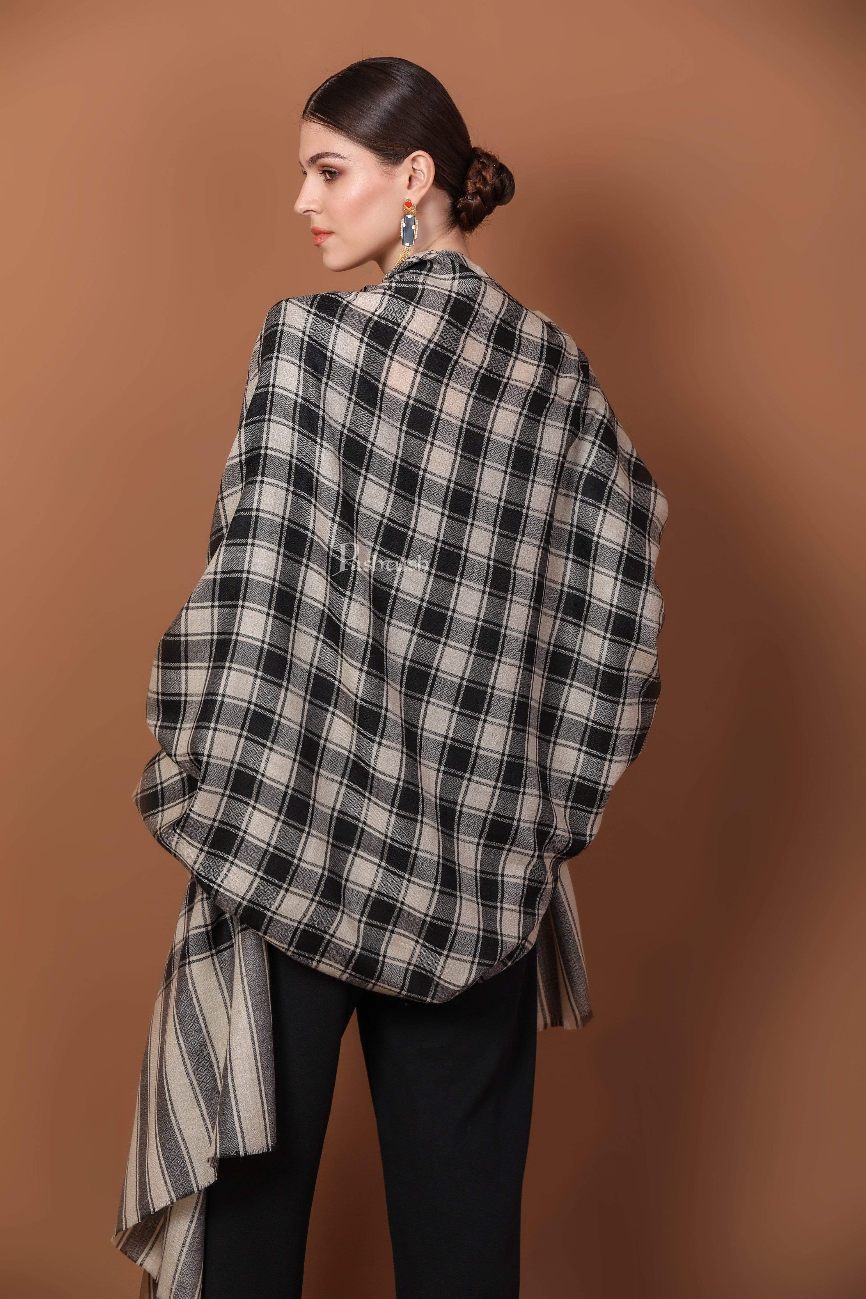Pashtush Womens Check Shawl, Ultra Soft And Warm, Fine Wool, Beige And Black - Image 7