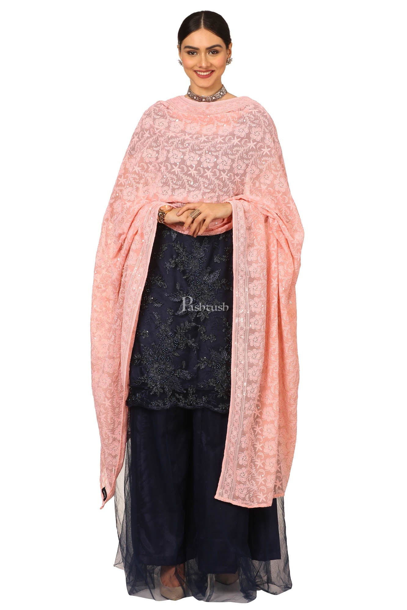 Pashtush Womens Chiffon Dupatta With Embrodiery, Nude Peach