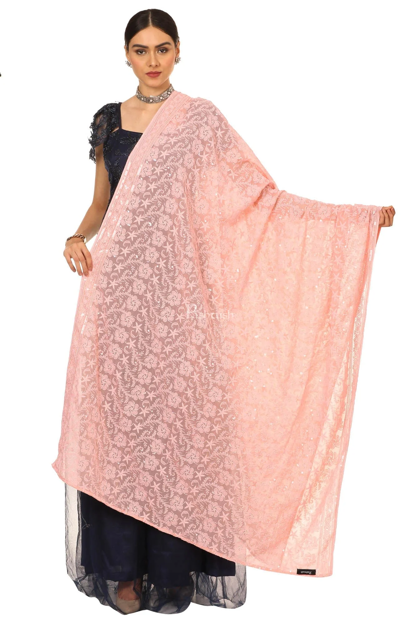 Pashtush Womens Chiffon Dupatta With Embrodiery, Nude Peach - Image 4