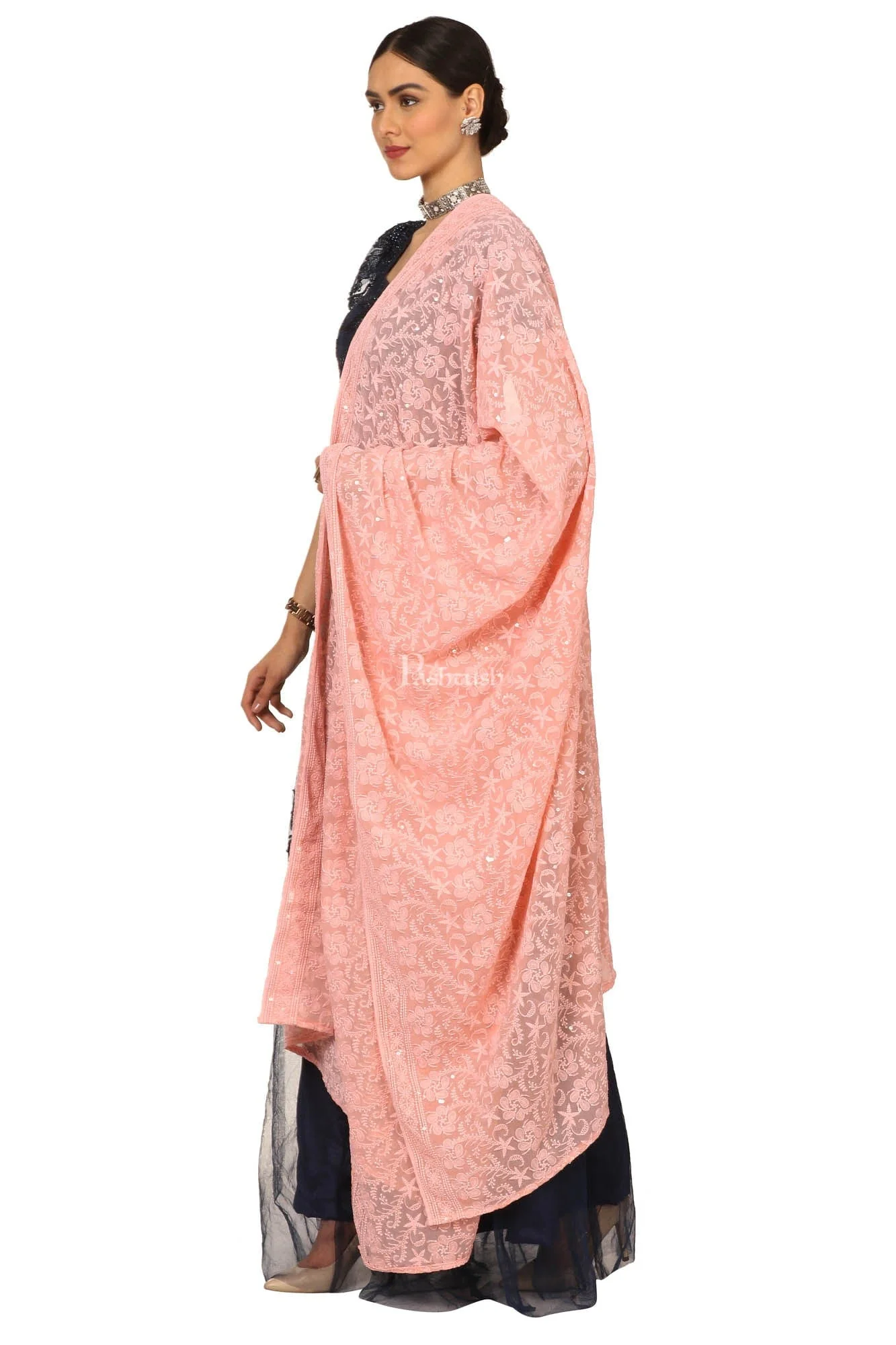 Pashtush Womens Chiffon Dupatta With Embrodiery, Nude Peach - Image 5