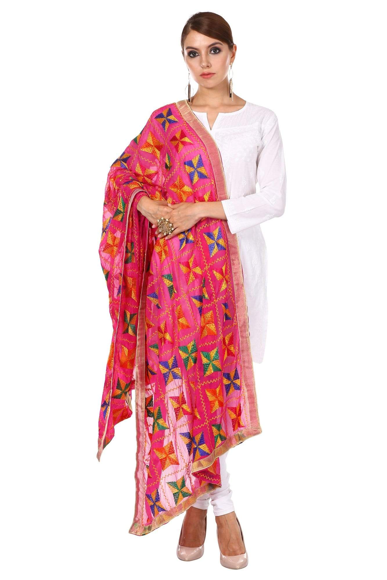 Pashtush Womens Chiffon Dupatta With Multicoloured Embroidery, Light Weight, Hot Pink - Image 3