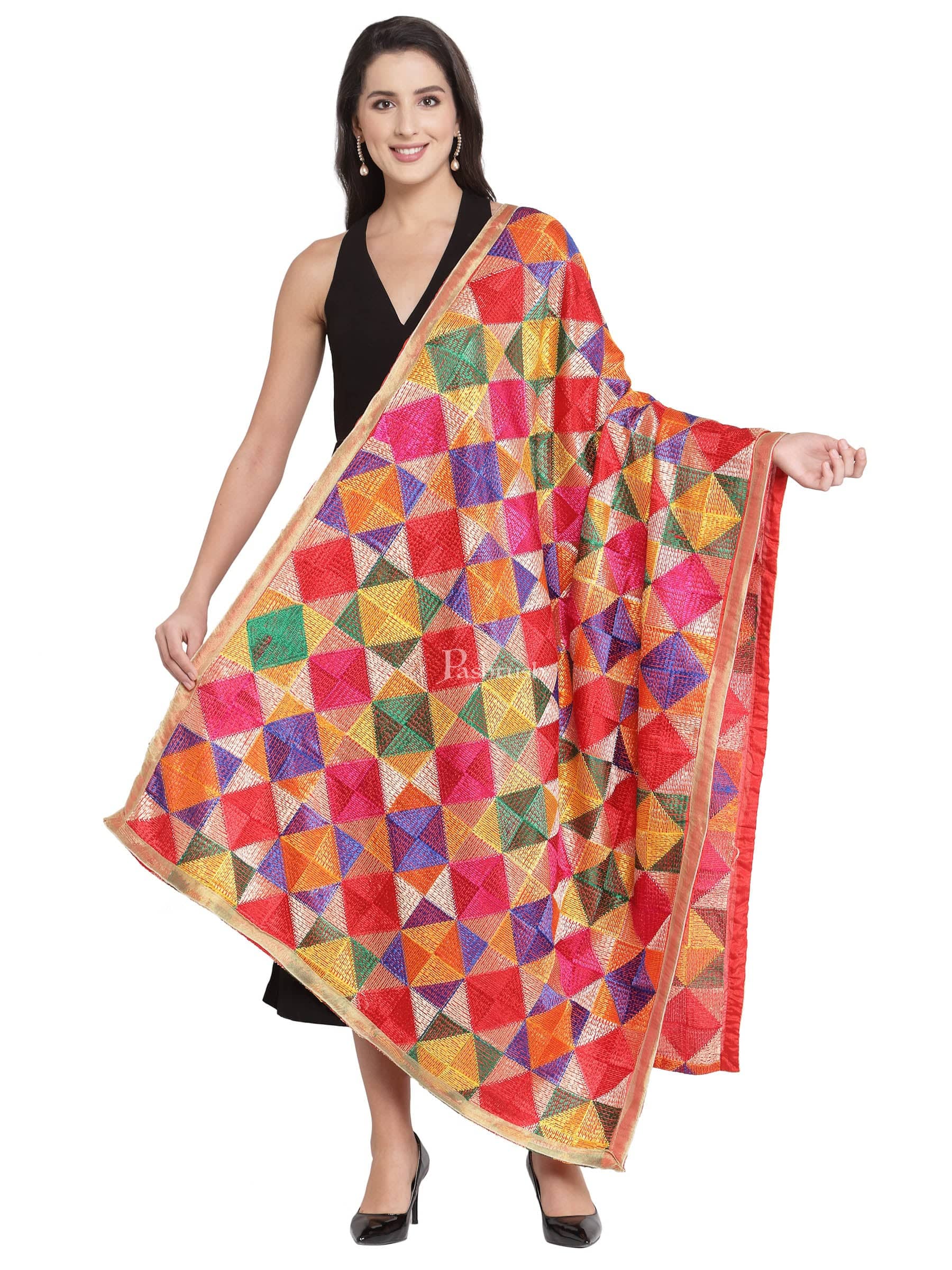 Pashtush Womens Chiffon Dupatta With Multicoloured Embroidery, Phulkari - Image 2