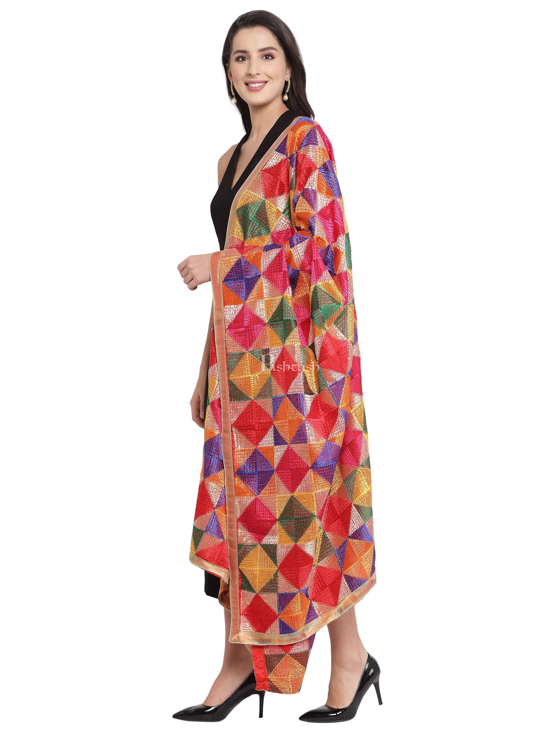 Pashtush Womens Chiffon Dupatta With Multicoloured Embroidery, Phulkari - Image 8