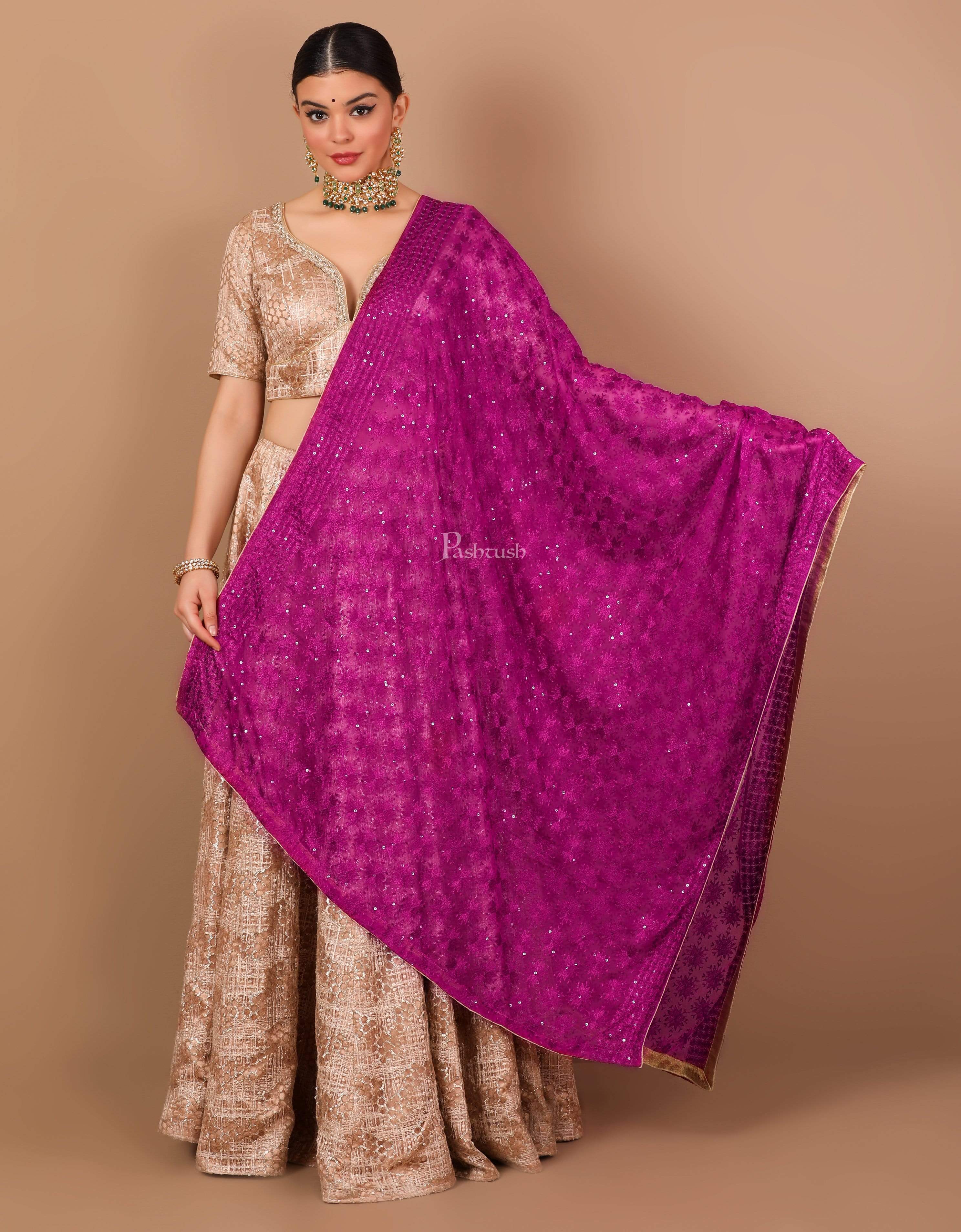 Pashtush Womens Chiffon Phulkari Dupatta, Majenta