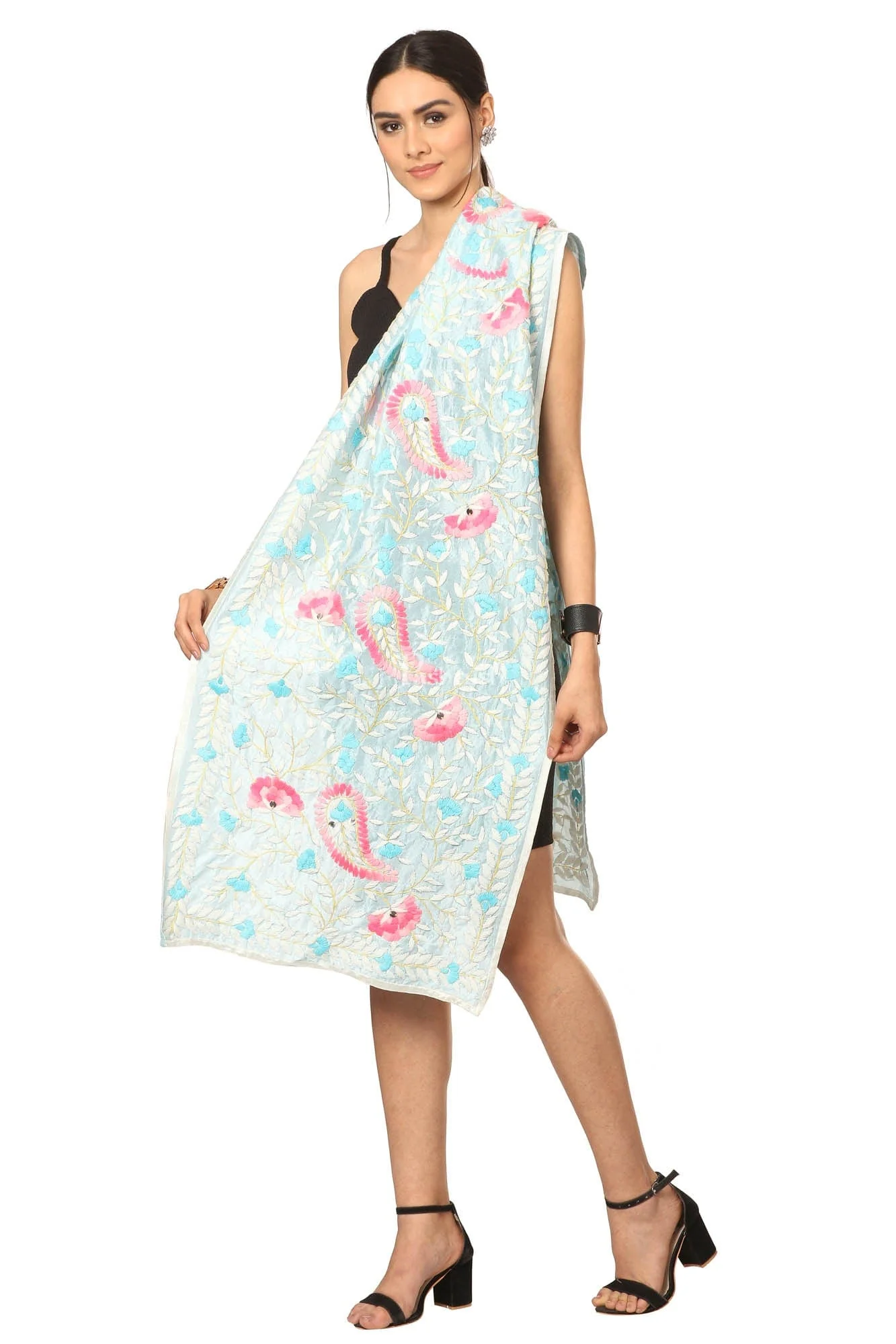 Pashtush Womens Dupatta, 100% Hand Embroidered Kantha Needlework Work, Free Size, Blue - Image 3