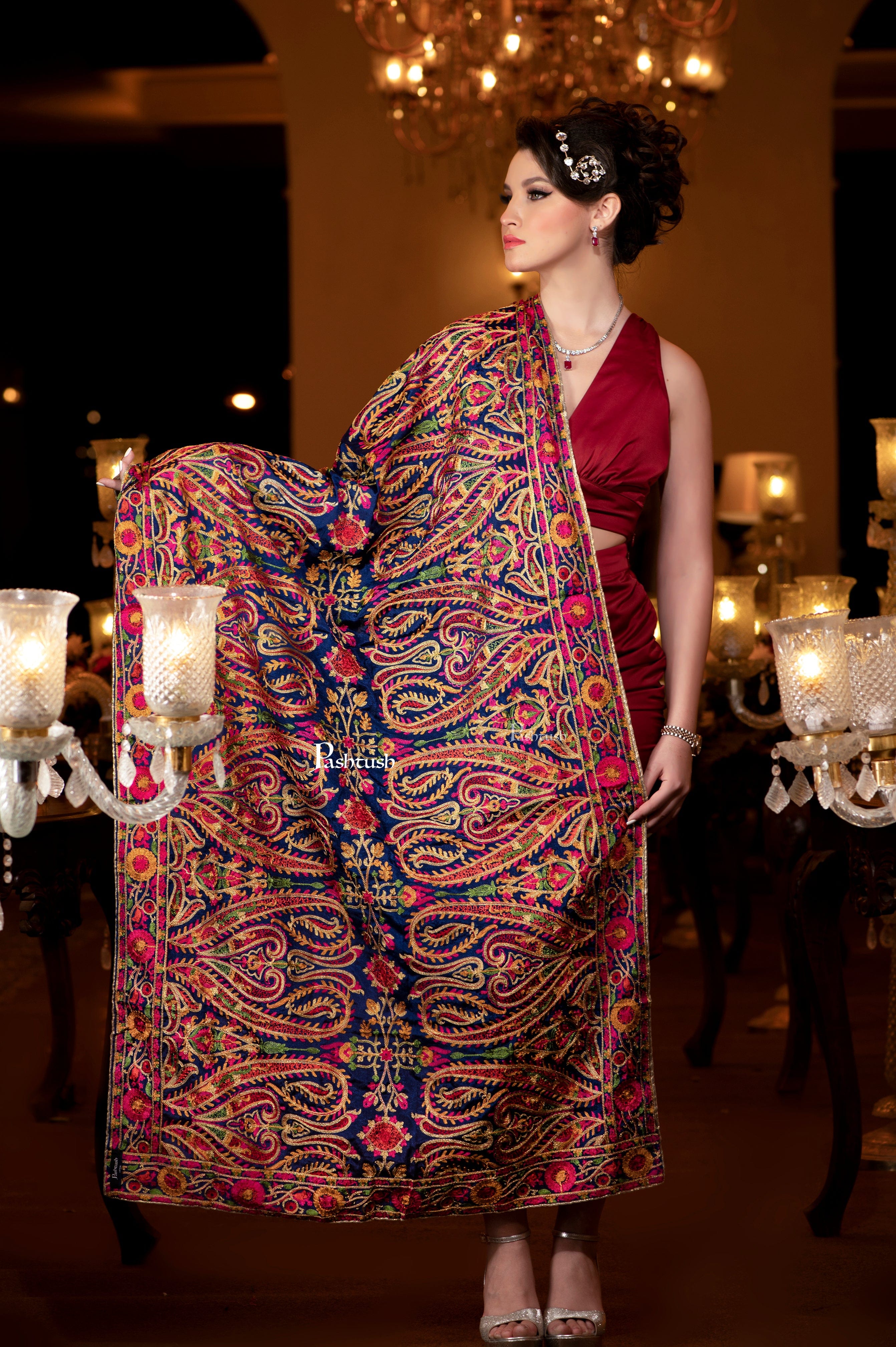 Pashtush Womens Dupatta, Bridal Collection, With Silky Embroidery, Deep Blue
