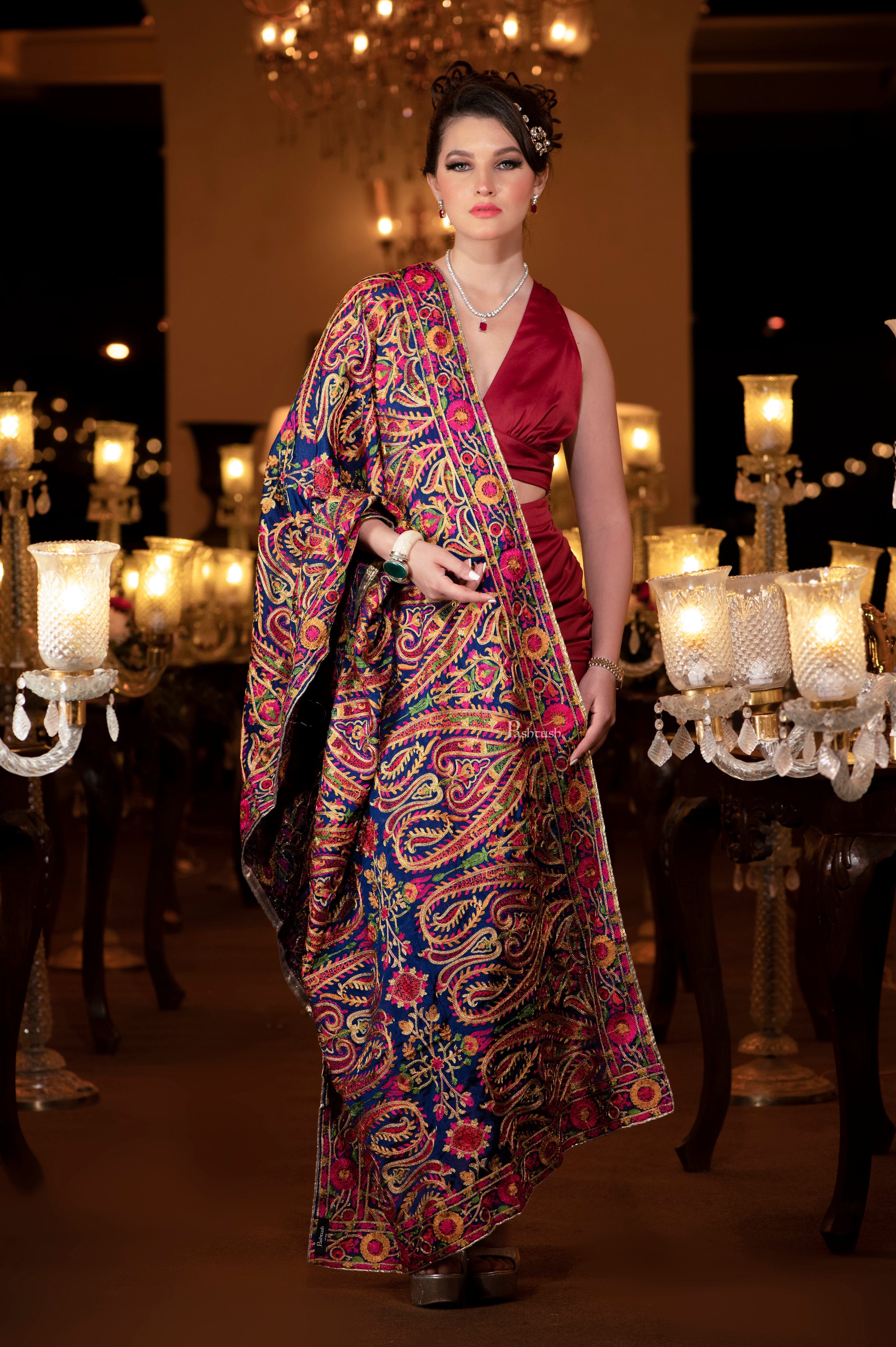 Pashtush Womens Dupatta, Bridal Collection, With Silky Embroidery, Deep Blue - Image 3