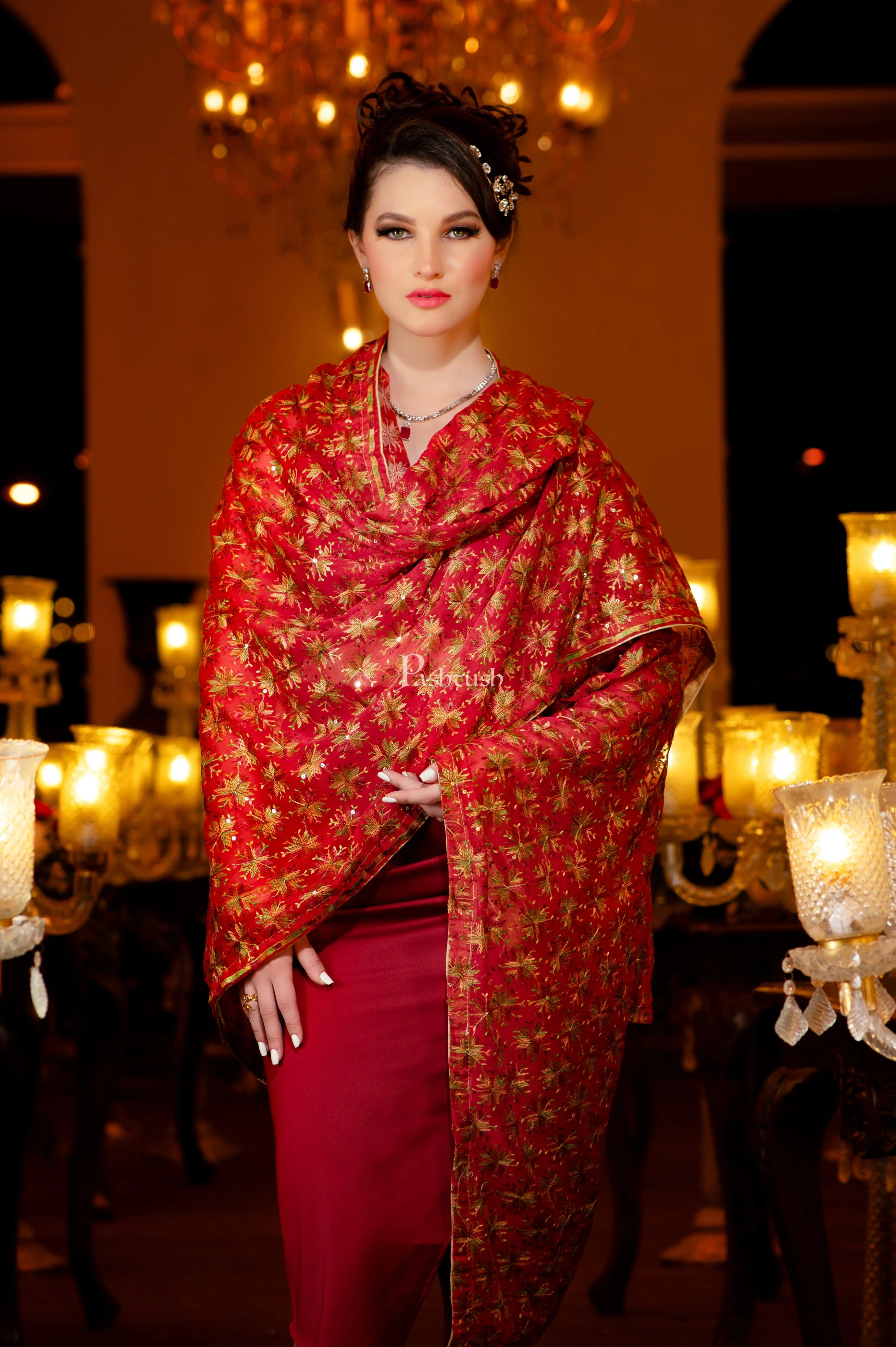 Pashtush Womens Dupatta, Bridal Collection, With Silky Embroidery, Red