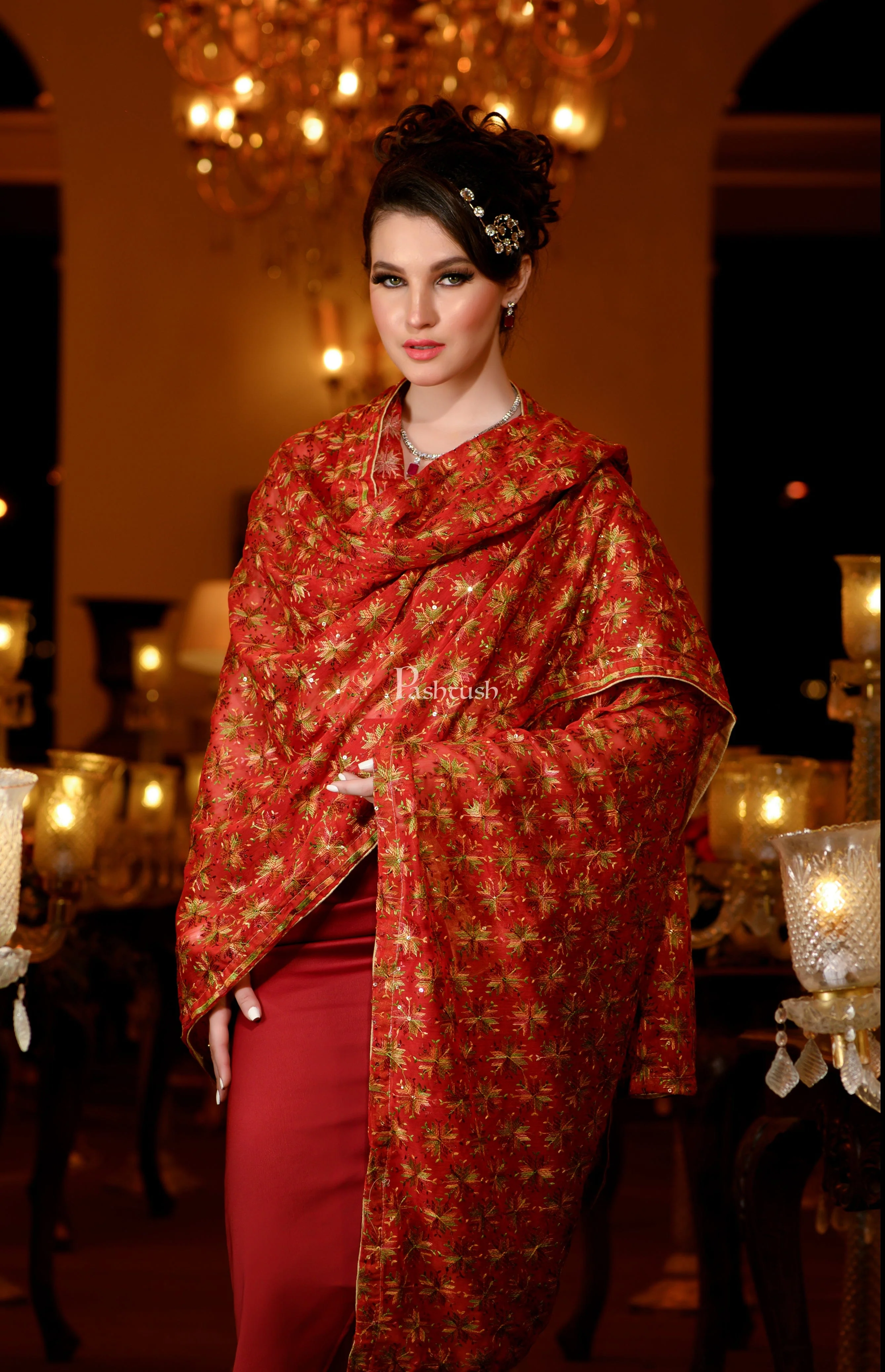 Pashtush Womens Dupatta, Bridal Collection, With Silky Embroidery, Red - Image 2