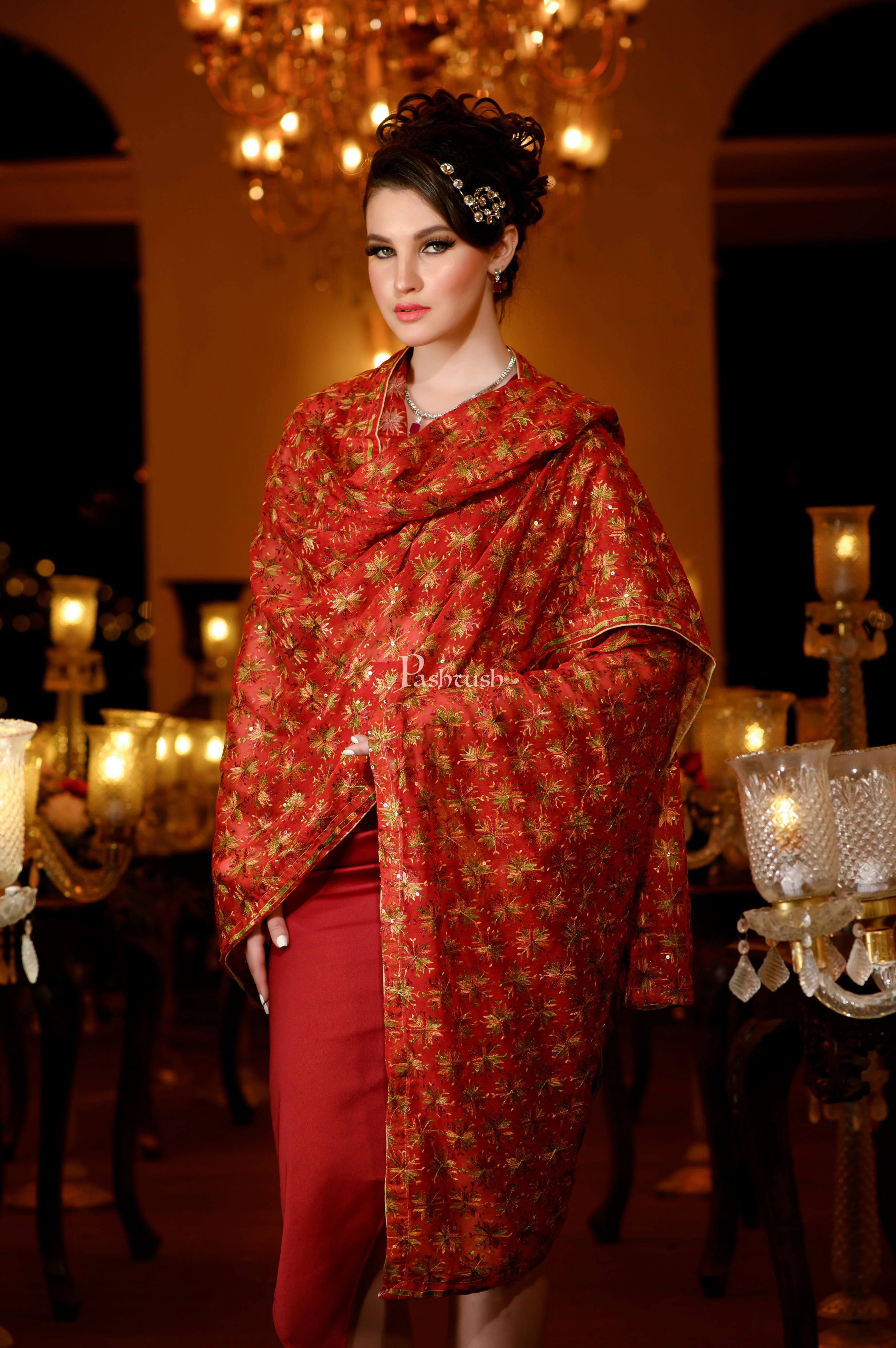 Pashtush Womens Dupatta, Bridal Collection, With Silky Embroidery, Red - Image 3